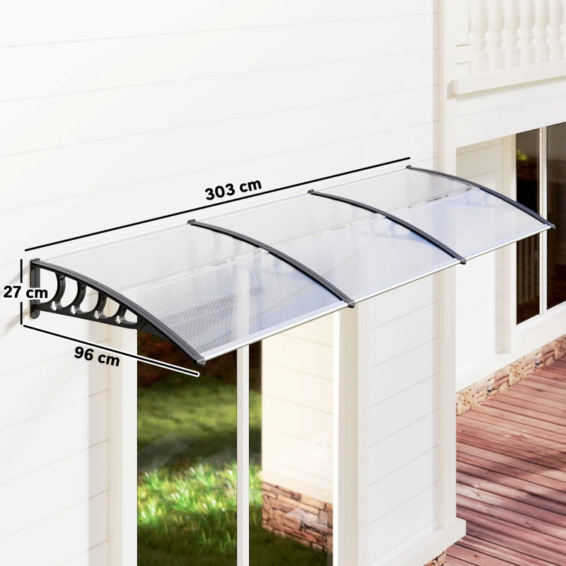 303 x 96cm Front Door Canopy - Clear - Rain Shelter for Window, Porch and Front/Back Doors