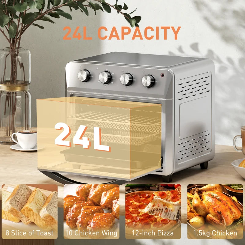 24L Air Fryer Oven - Oil-Free Cooking, Grill & Bake, Touch Screen, Adjustable Temp, Timer, 1600W, Dishwasher Safe, Silver