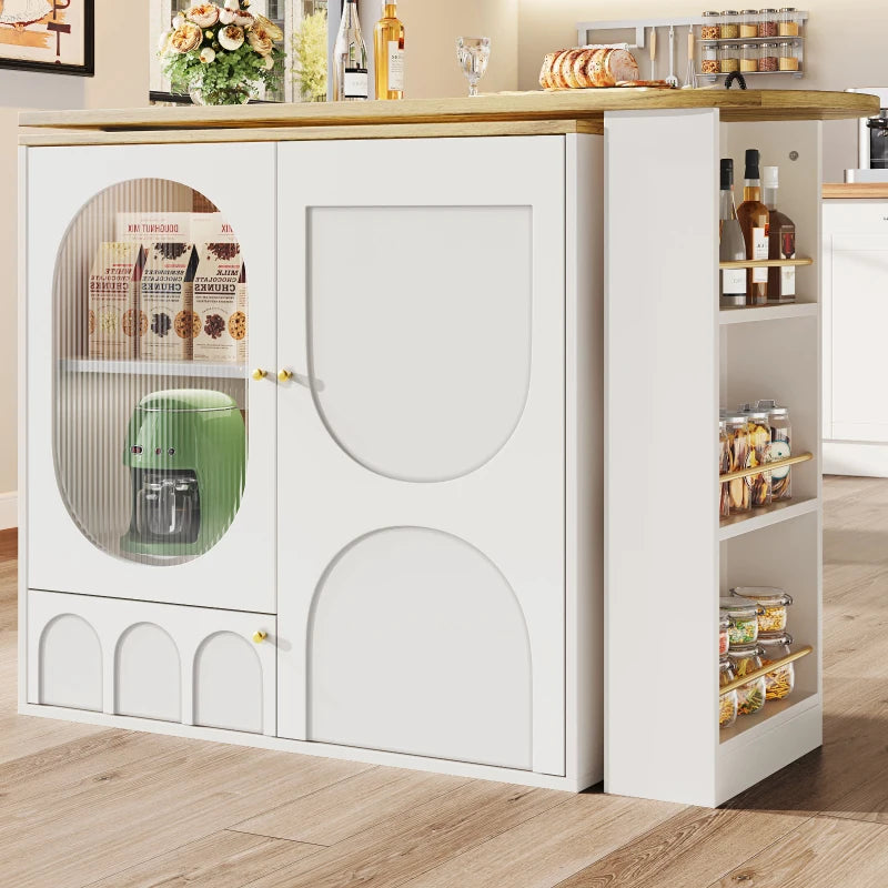 360° Rotating Bar Table with Storage Shelves & Metal Handles - Multi-Functional Dining Table & Sideboard, White, 204L x 39W x 105H cm