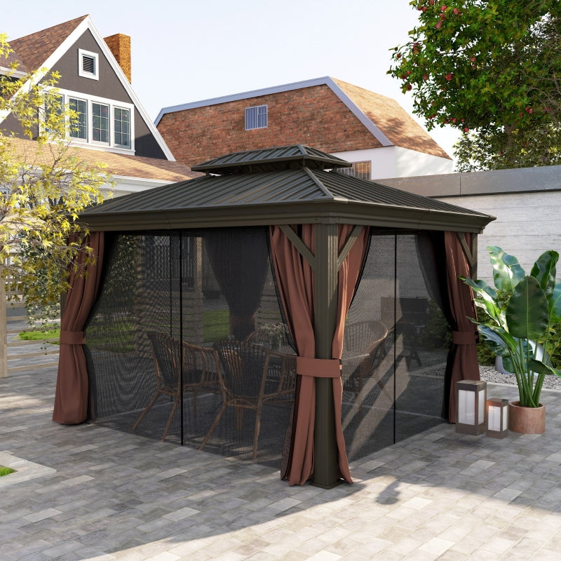 3m x 3.7m Dark Brown Outdoor Hardtop Gazebo Canopy with Aluminium Frame, 2-Tier Roof & Mesh Netting Sidewalls for Patio