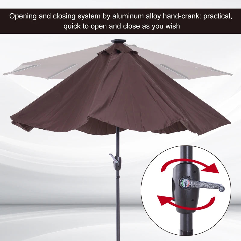 Brown Solar LED Light Tilt Patio Umbrella with Hand Crank - 2.7m