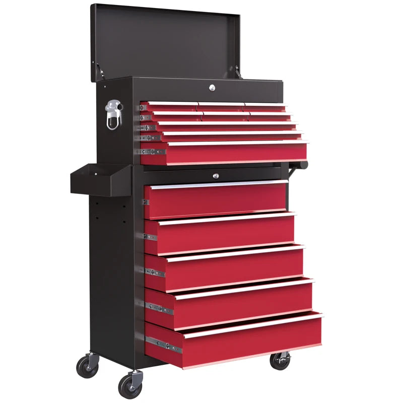 Large Tall Tool Storage Chest on Wheels - 14 Slide-Out Drawers - 2 Parts - Red & Black