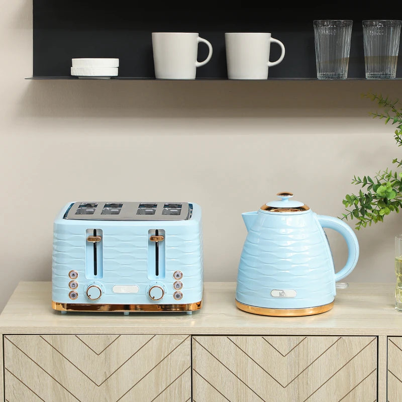 Light Blue 3000W Kettle & 4 Slice Toaster Set - 1.7L Capacity, 7 Browning Controls, Easy Clean Crumb Tray