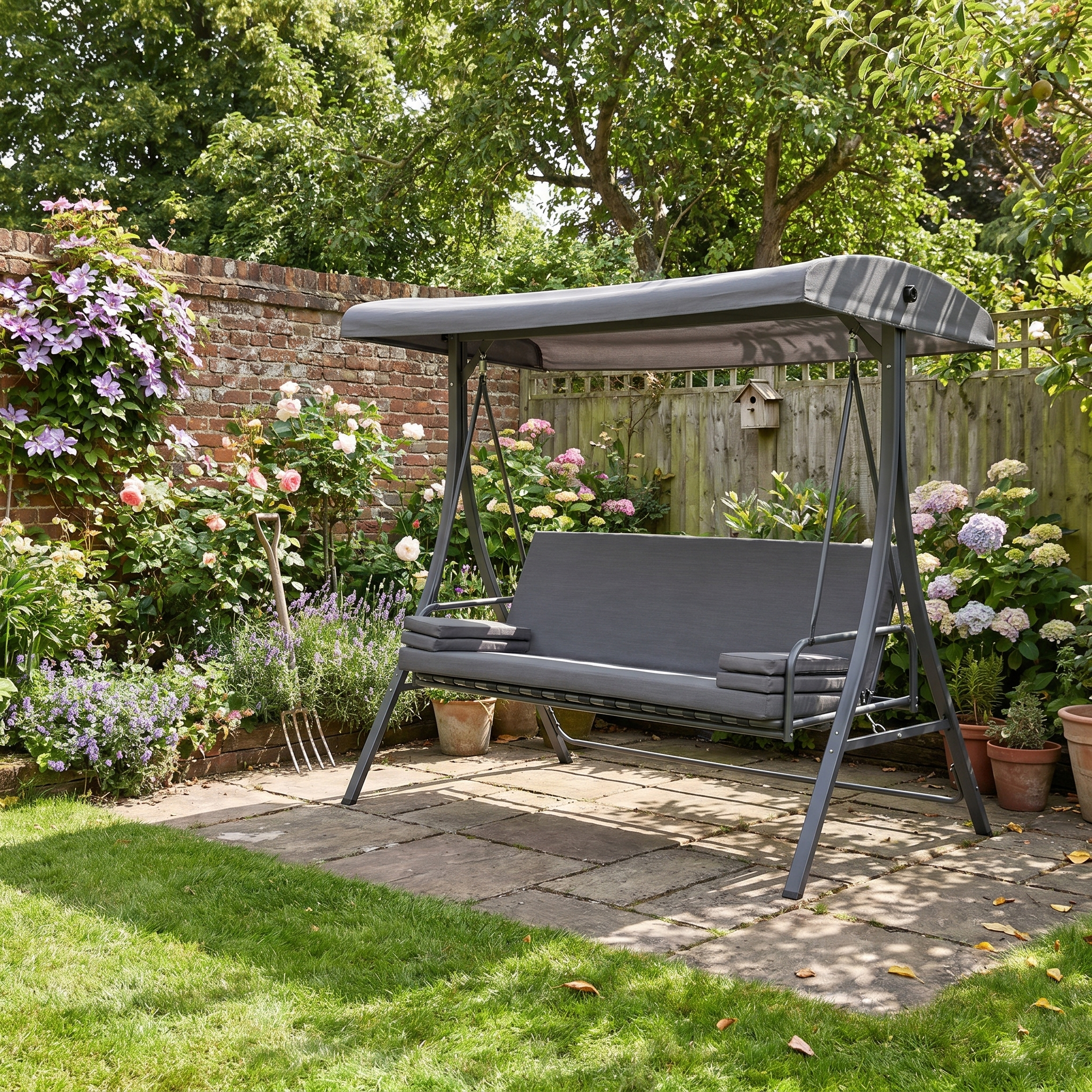 3-Seater Swing Hammock with Adjustable Canopy and Cushion - Garden Patio Furniture