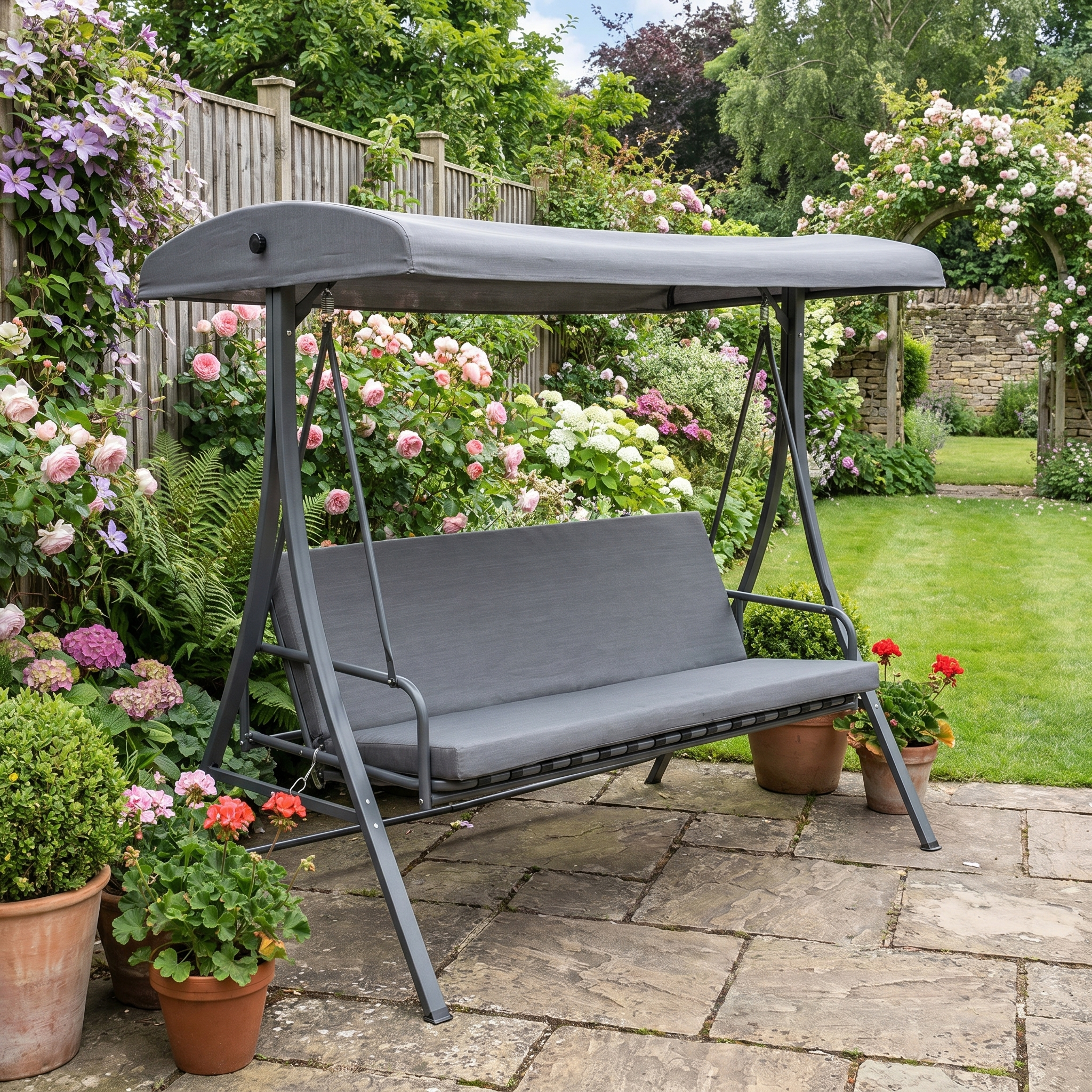 3-Seater Swing Hammock with Adjustable Canopy and Cushion - Garden Patio Furniture