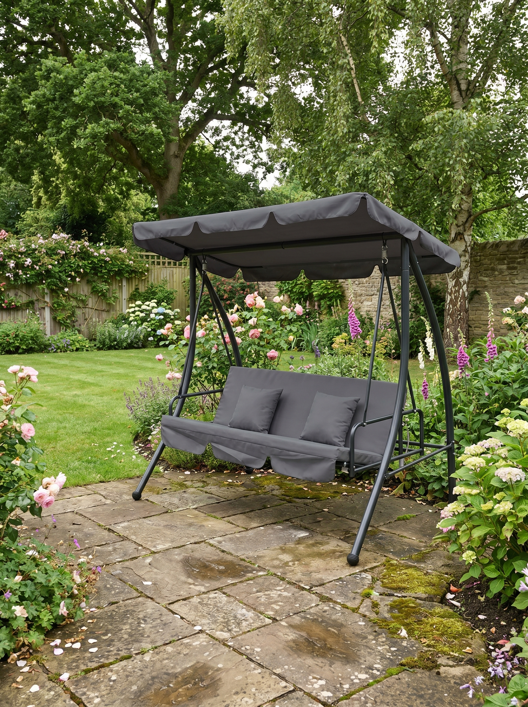 Dark Grey 3-Seater Outdoor Patio Swing Bed with Canopy & Cushion