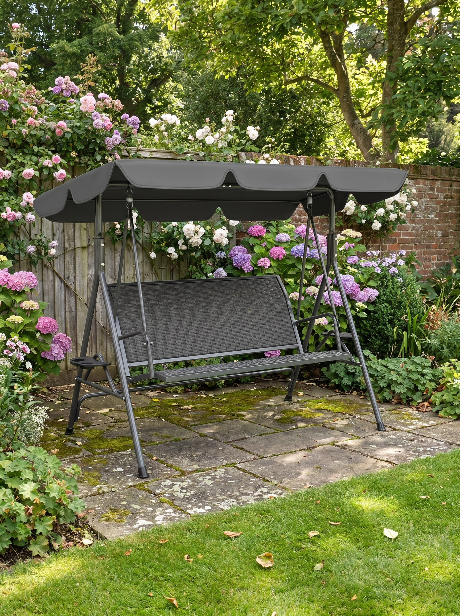 3 Seater Garden Swing Chair with Adjustable Canopy, Rattan Seat & Steel Frame, Grey