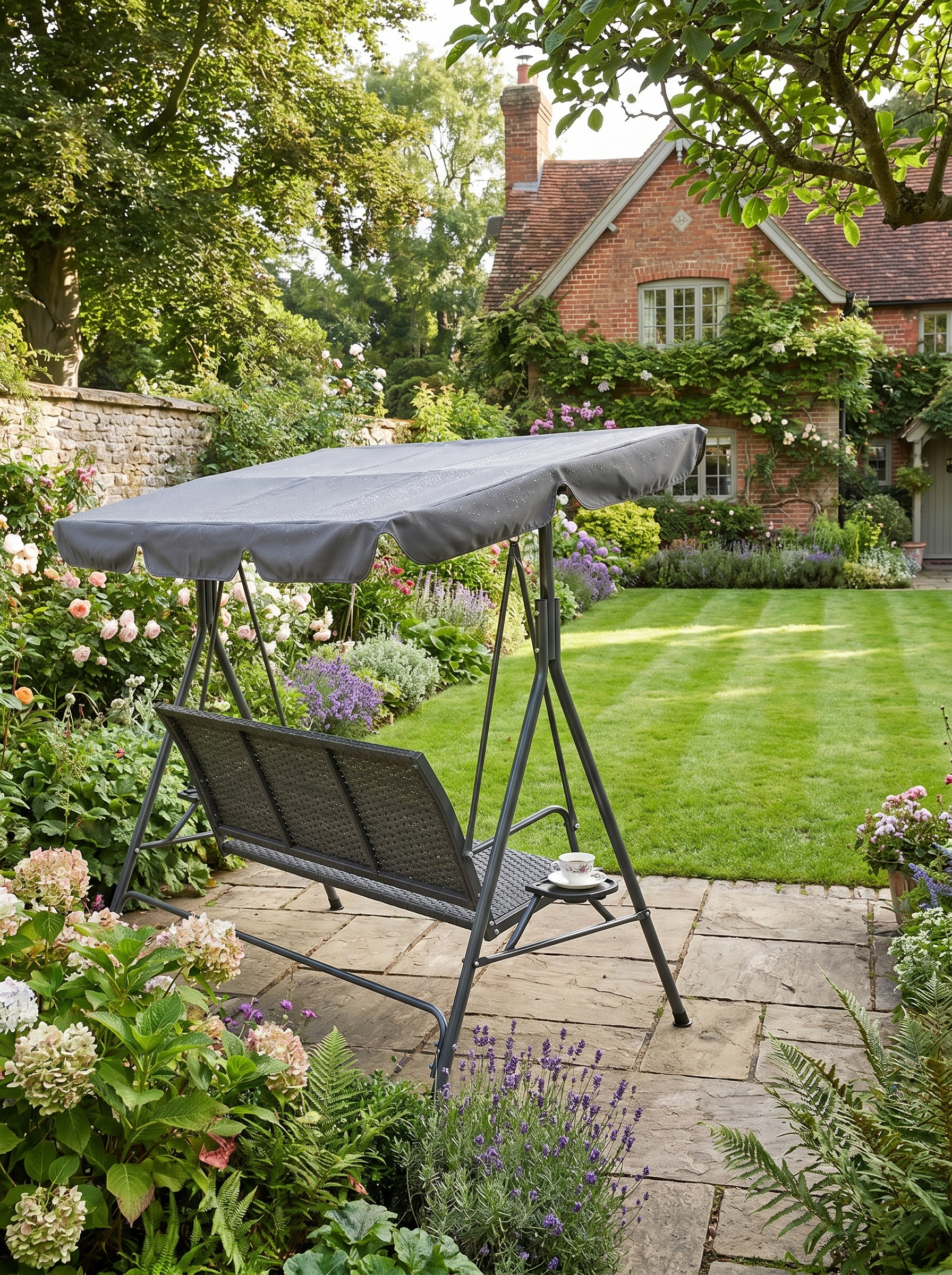 3 Seater Garden Swing Chair with Adjustable Canopy, Rattan Seat & Steel Frame, Grey