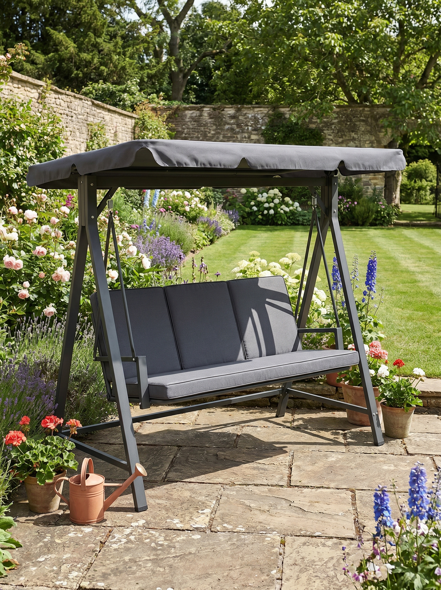 Dark Grey Three-Seater Garden Swing Bench with Adjustable Canopy for Outdoor Relaxation