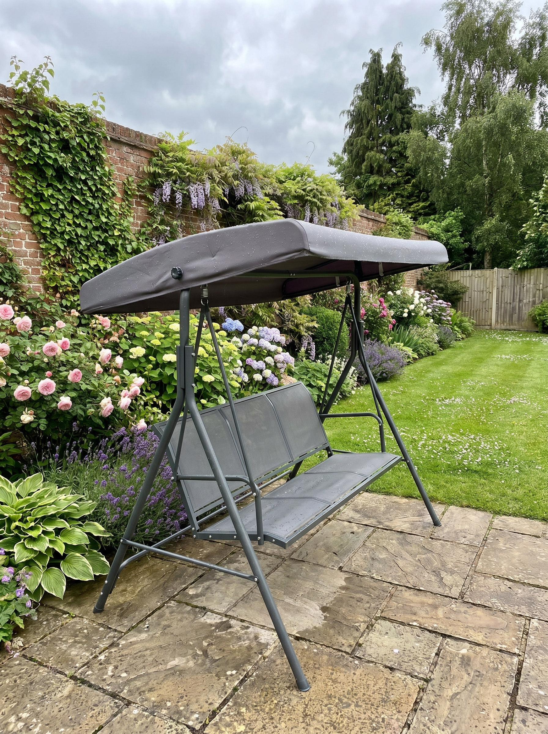 Grey 3-Seater Garden Swing Bench with Canopy and Mesh Seat