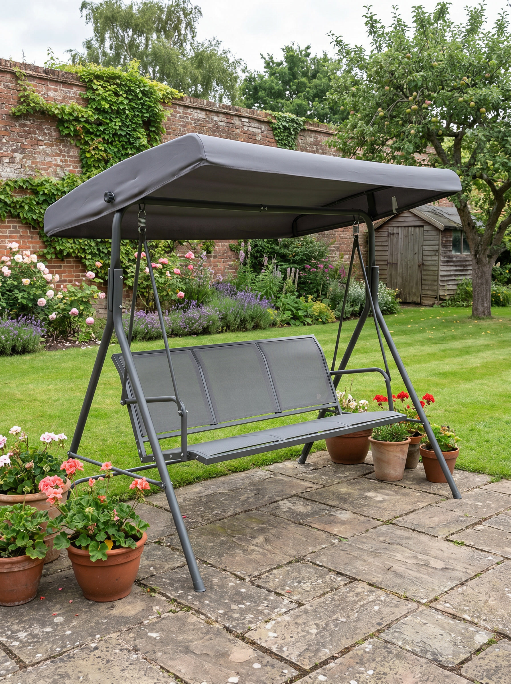 Grey 3-Seater Garden Swing Bench with Canopy and Mesh Seat
