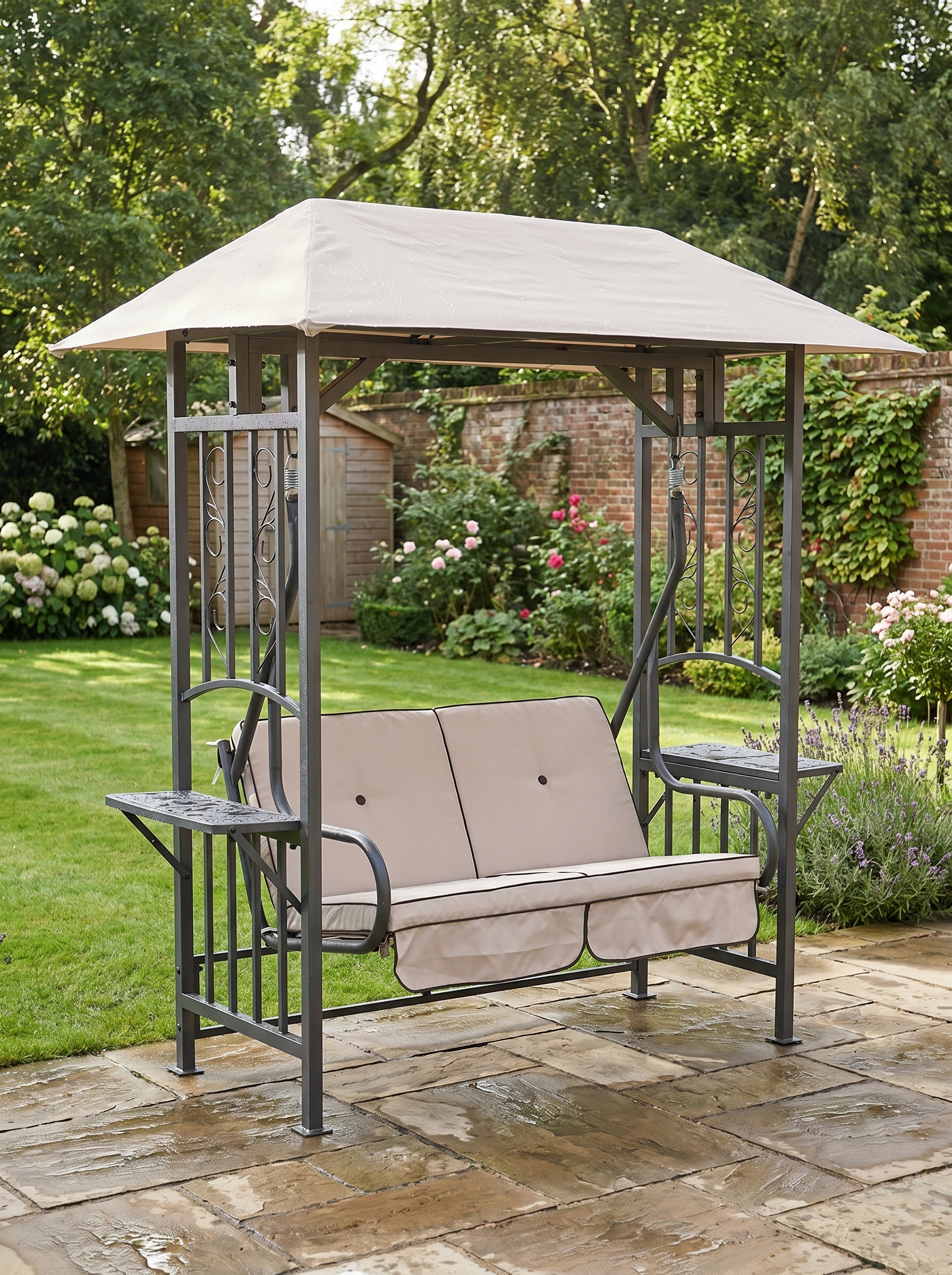 Vintage Blue 2-Seater Canopy Swing Chair with Cushioned Seat and Side Drink Panel