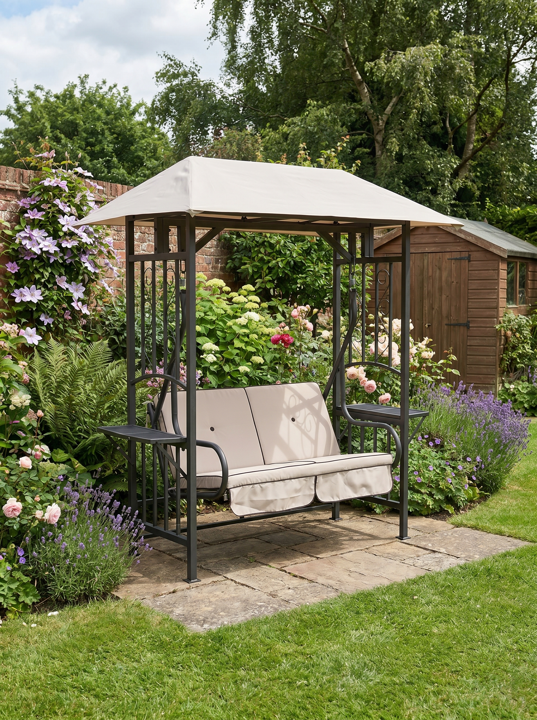 Vintage Blue 2-Seater Canopy Swing Chair with Cushioned Seat and Side Drink Panel