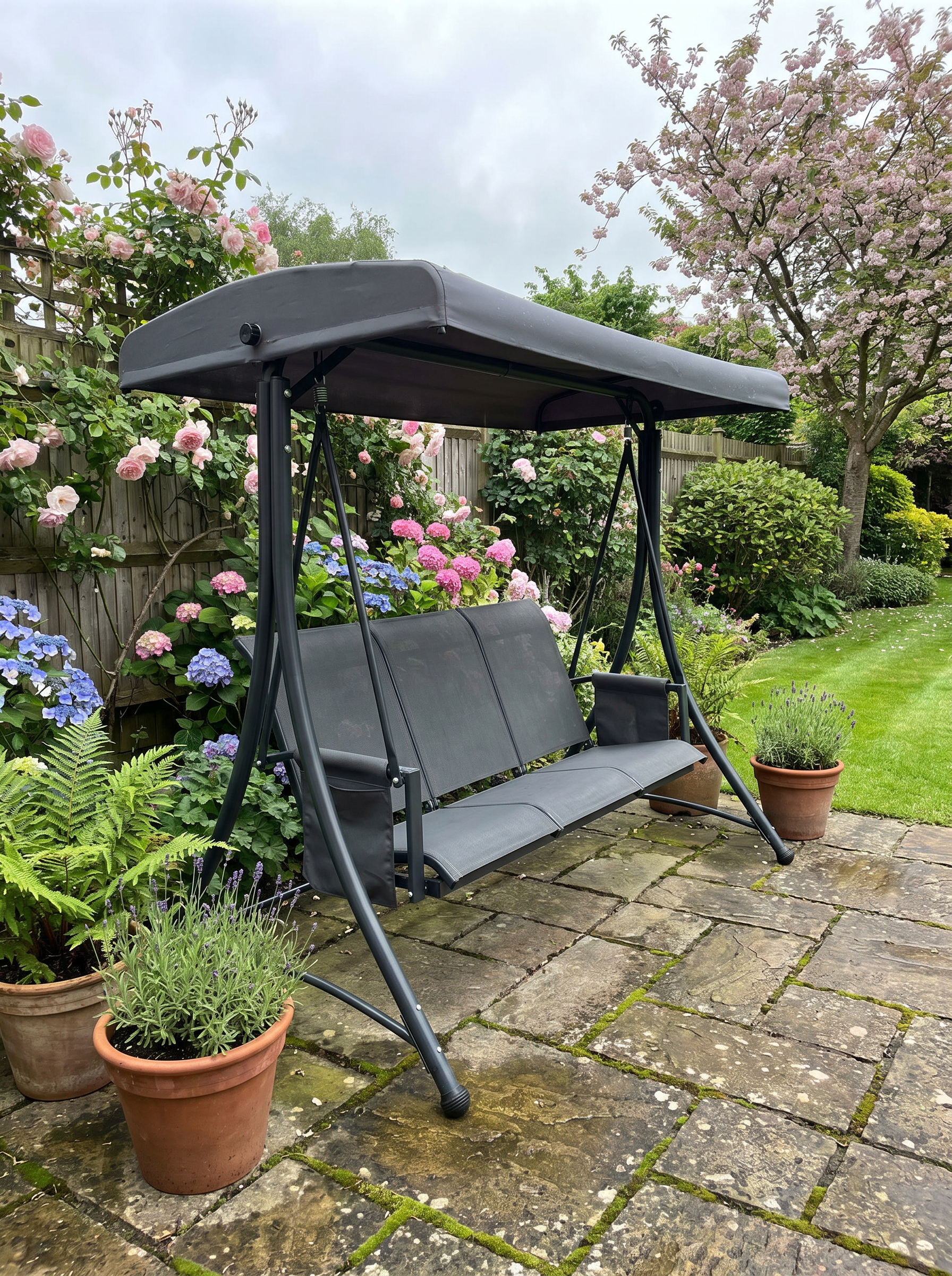 Charcoal Grey 3-Person Outdoor Swing Chair with High Back, Side Pouches, and Canopy