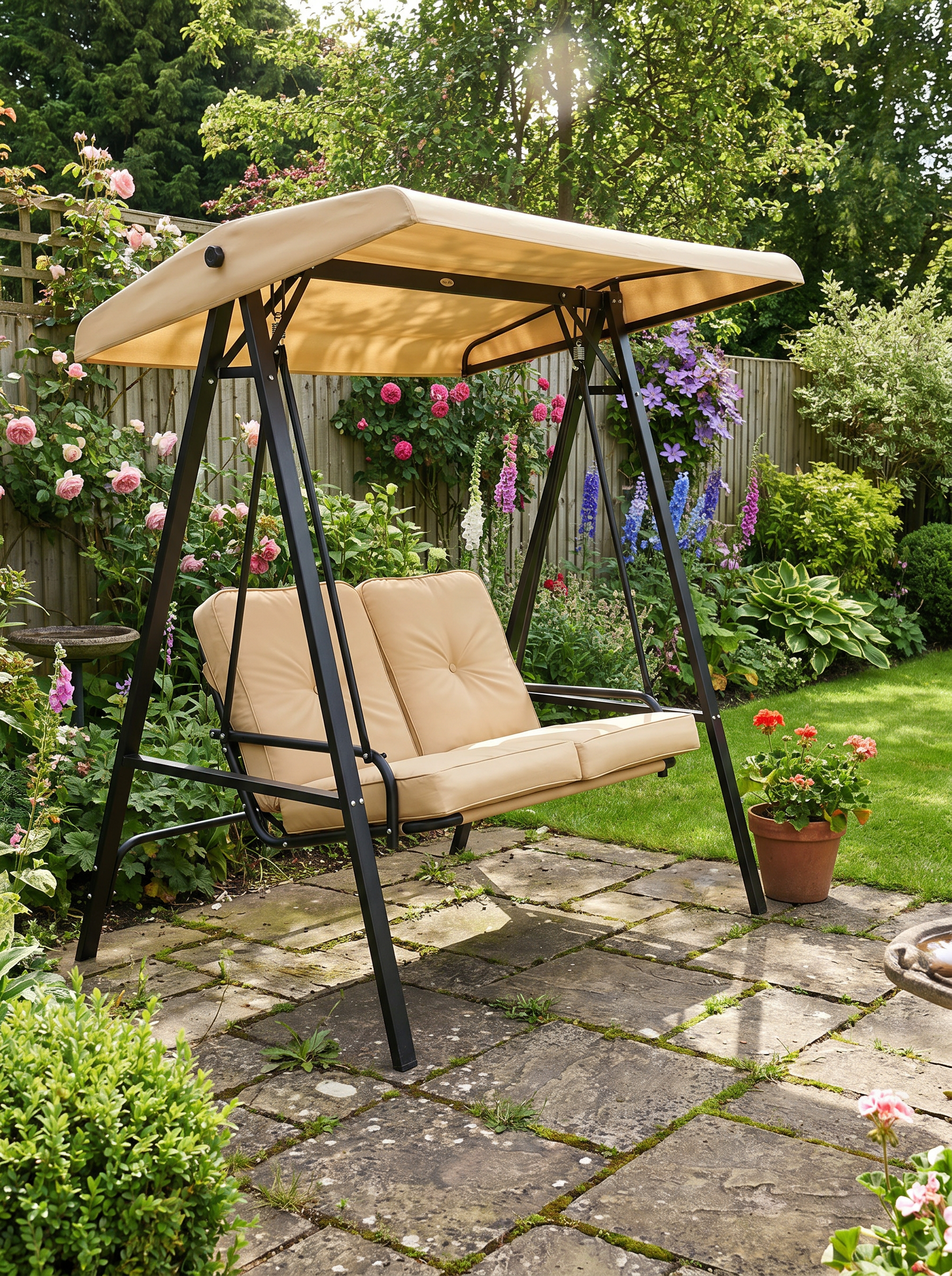 Beige 2-Seater Garden Swing Bench with Adjustable Canopy