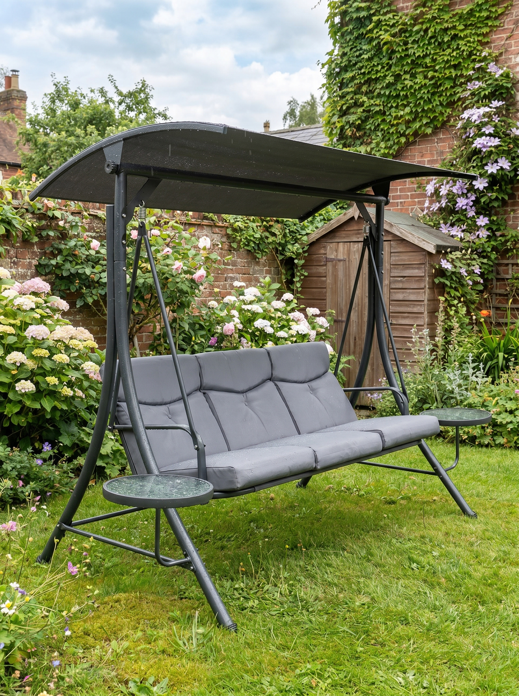 Grey 3-Seater Garden Swing Chair with Adjustable Canopy, Cushion, and Coffee Tables