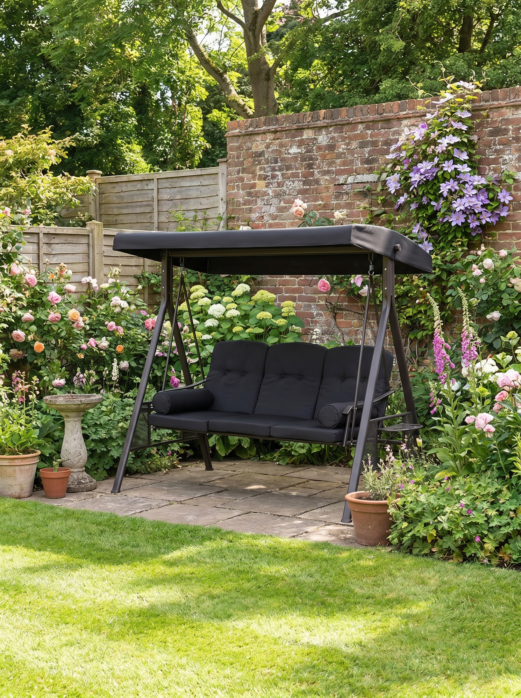 Black 3-Seater Swing Hammock Chair with Canopy and Cushion