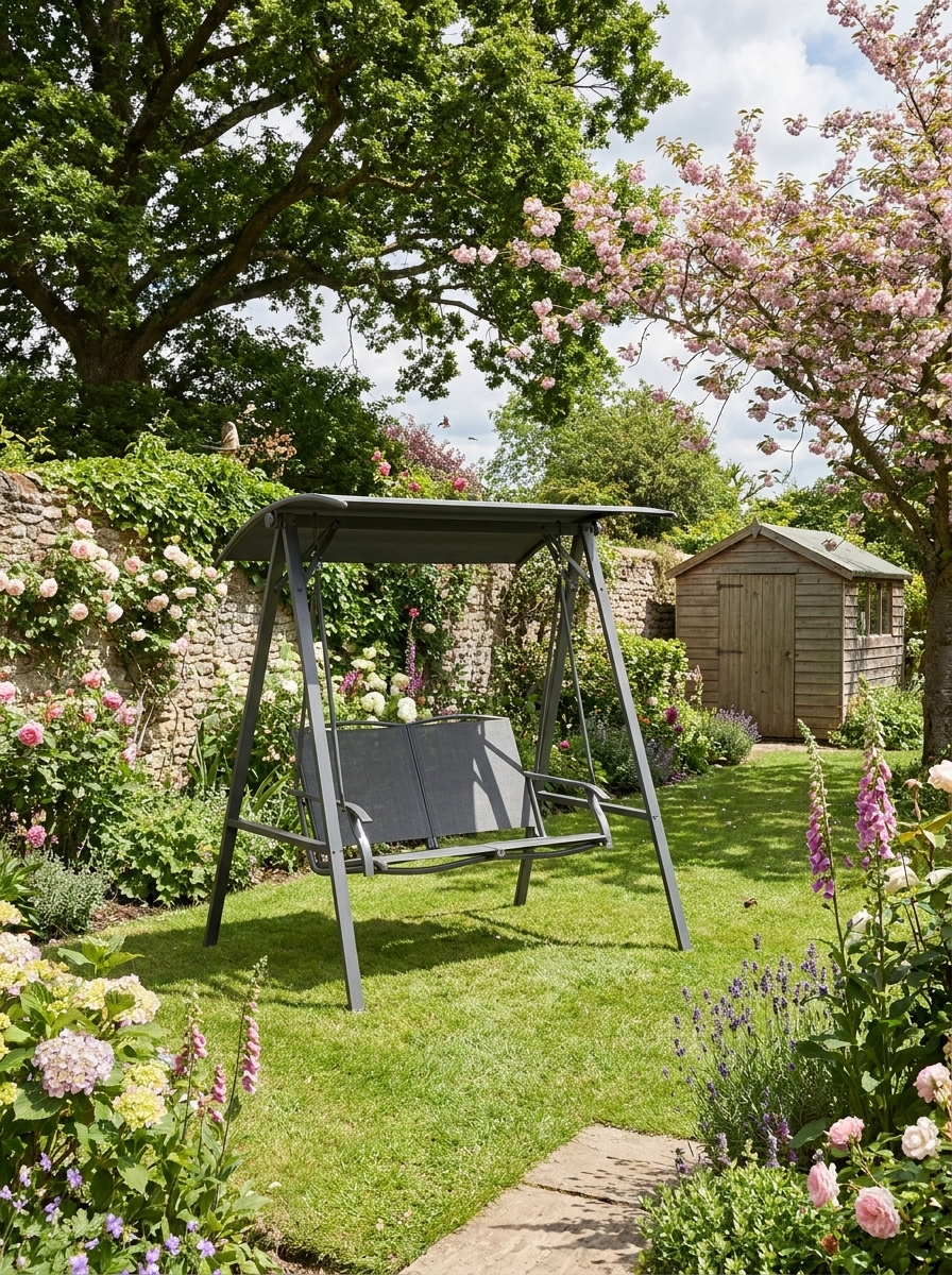 2 Seater Dark Grey Garden Swing Bench - Outdoor Canopy Swing Bench with Adjustable Shade, Metal Frame and Texteline Seat