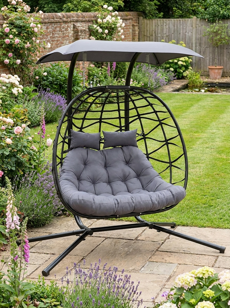 Rattan Double Hanging Egg Chair with Canopy - Foldable Swing/Egg Chair with Cushion, Head Pillows, Stand & Steel Frame