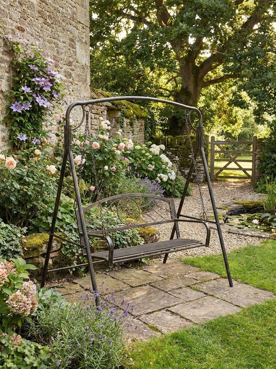 Patterned Black Metal Swing Chair