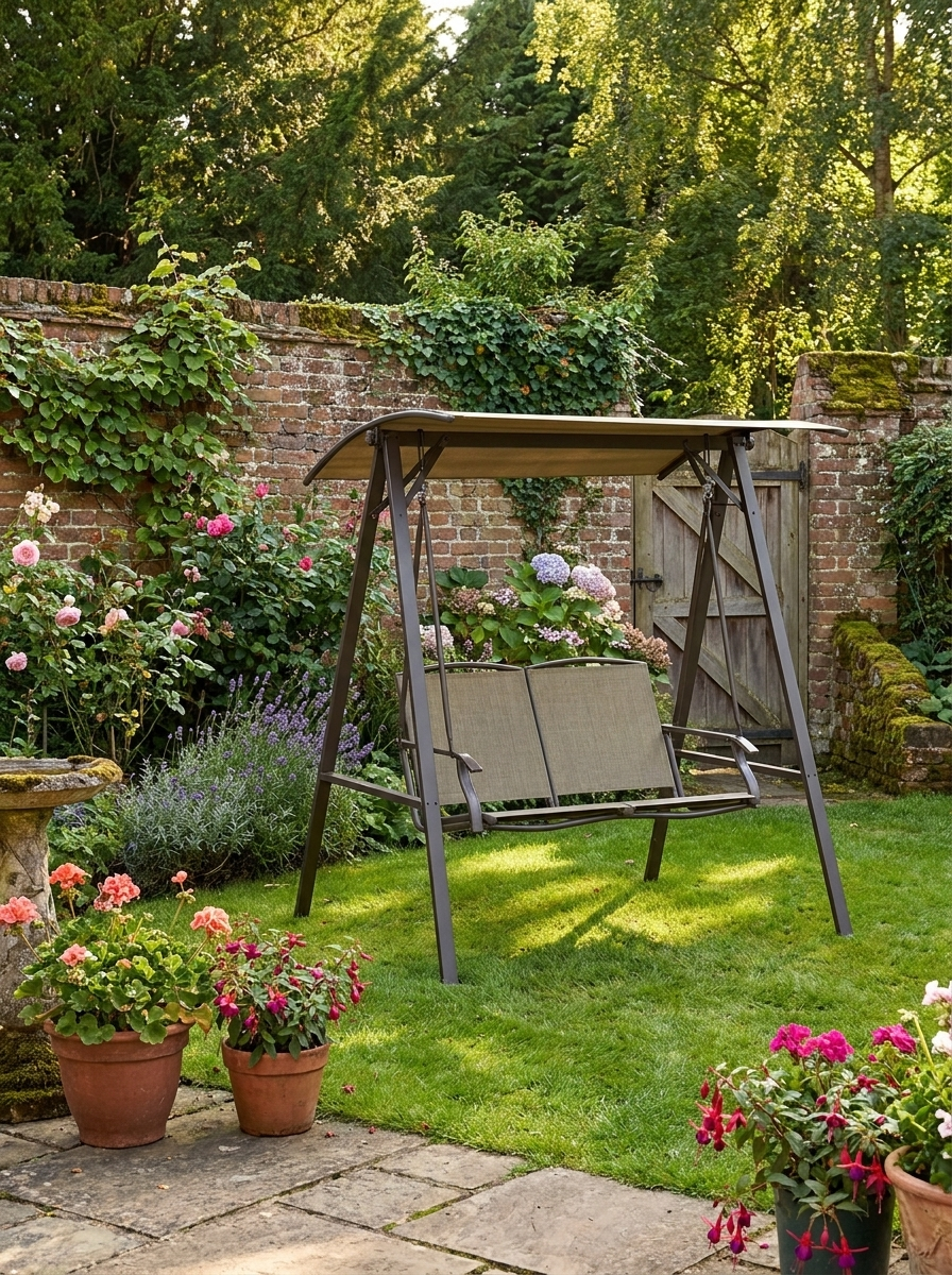 Brown 2 Seater Garden Swing Chair With Metal Frame