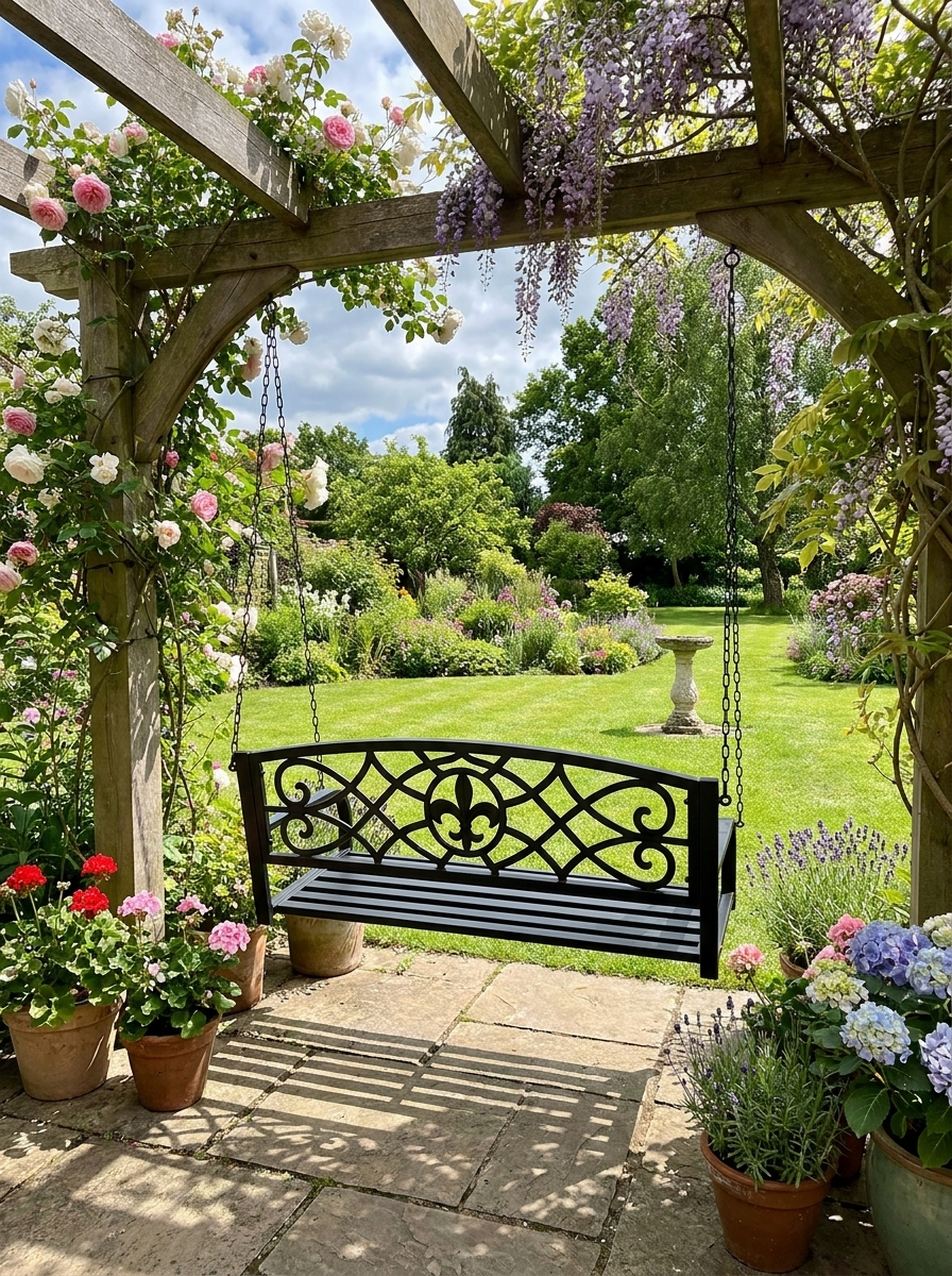 Black Metal 2-Seater Garden Swing Chair with Chains
