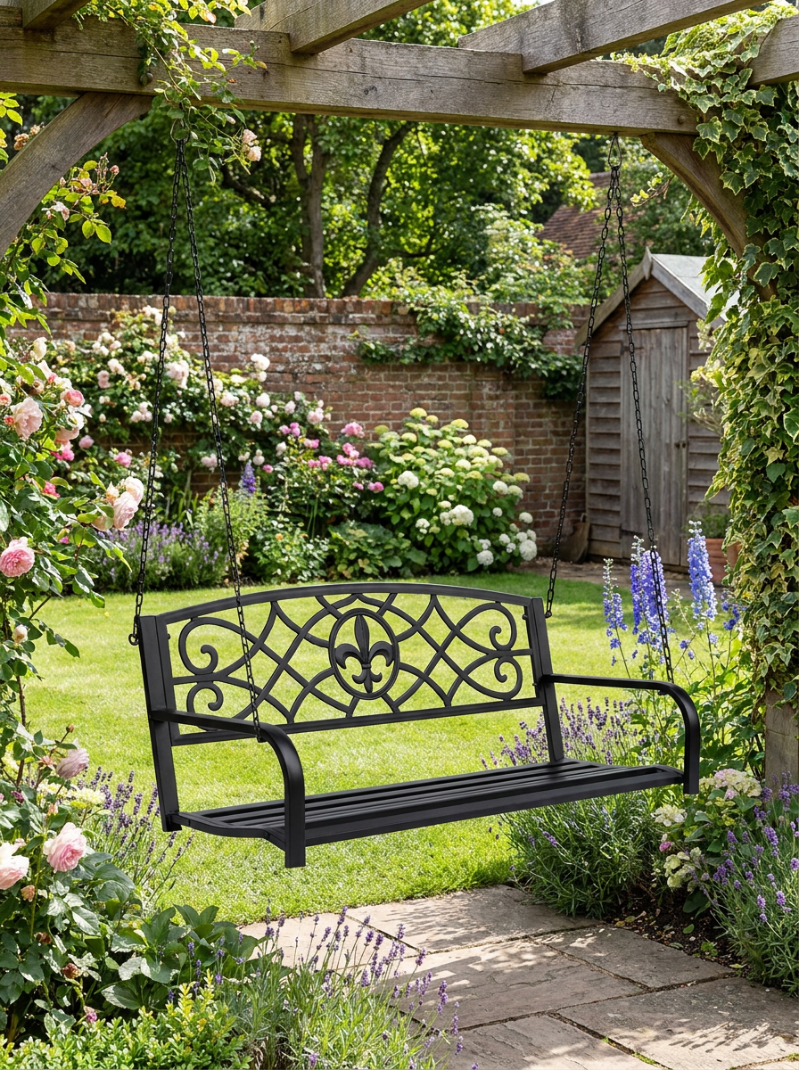 Black Metal 2-Seater Garden Swing Chair with Chains