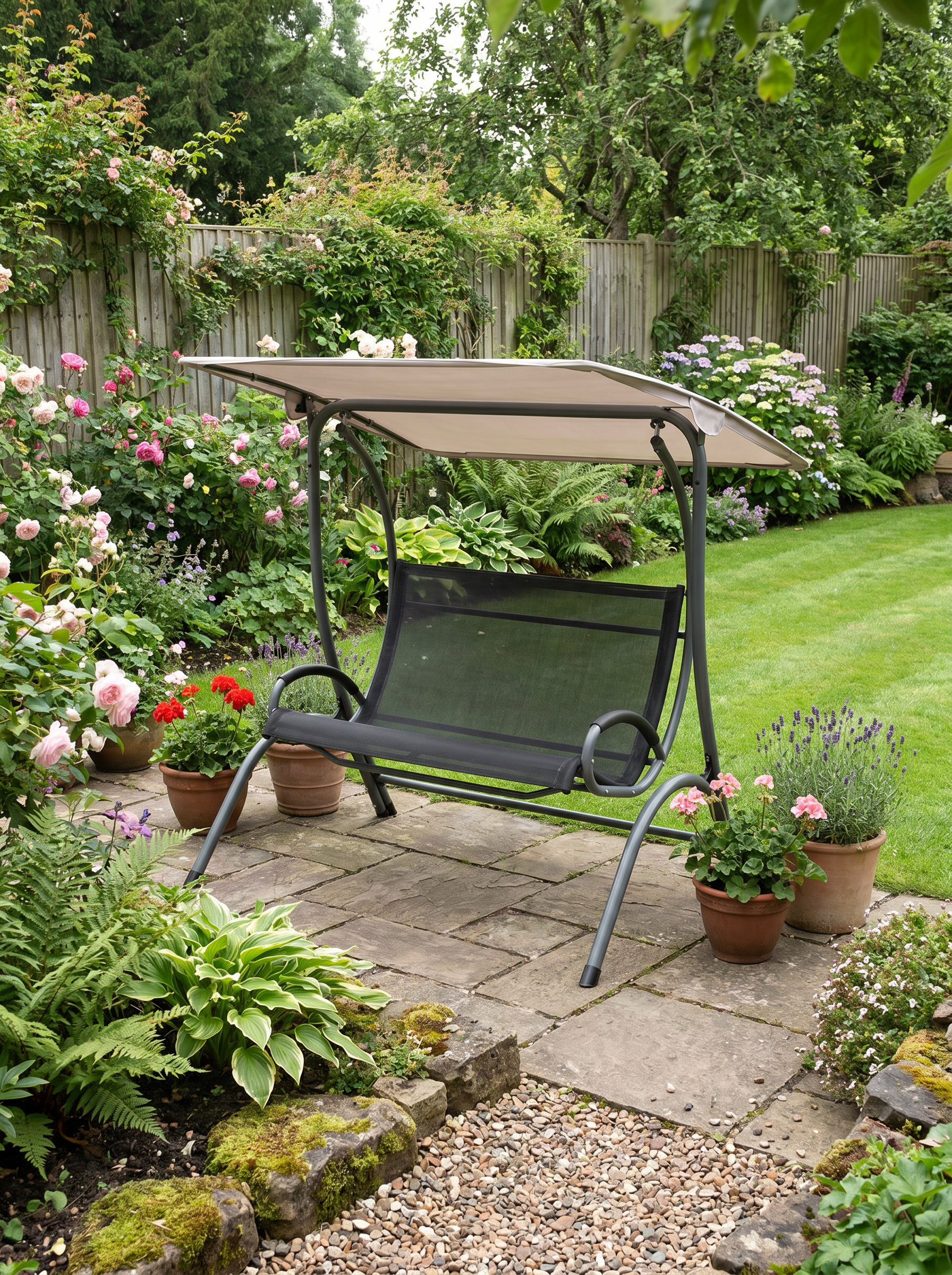 Beige Double Garden Swing Seat with Adjustable Canopy