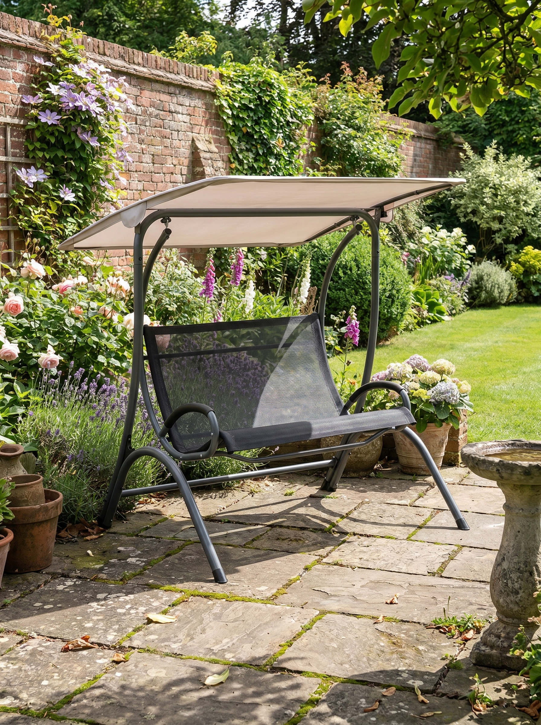 Beige Double Garden Swing Seat with Adjustable Canopy