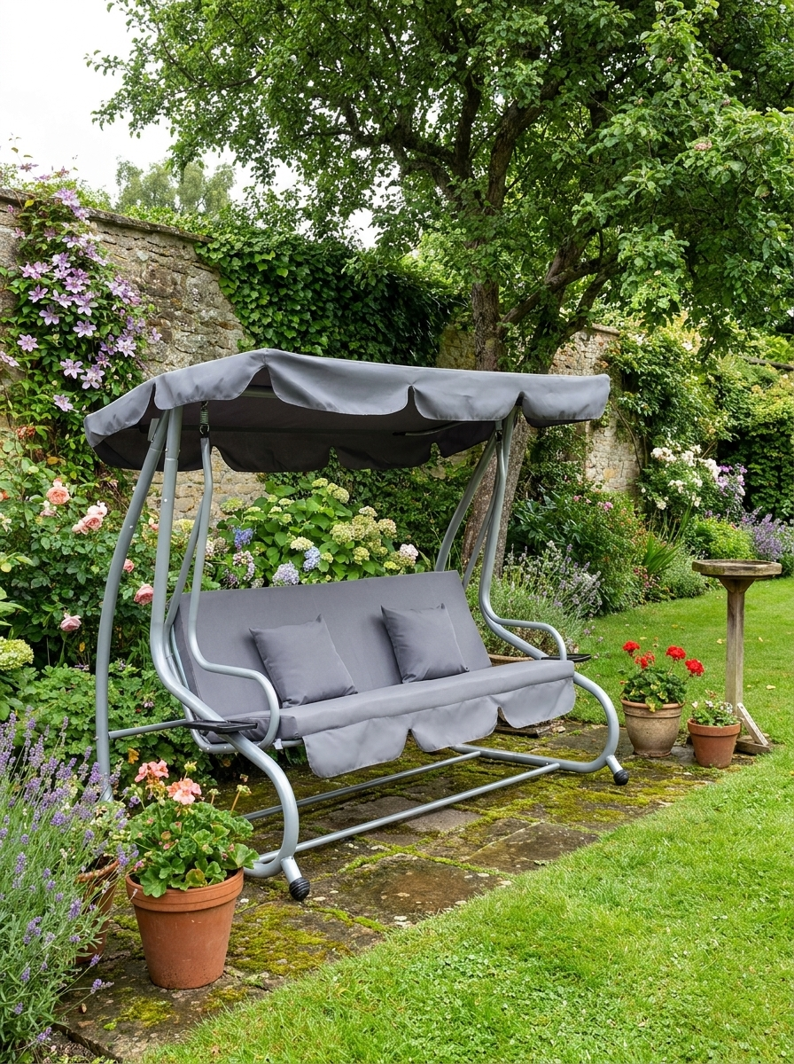 Grey 3 Seater Convertible Garden Swing Bed with Canopy and Cushions