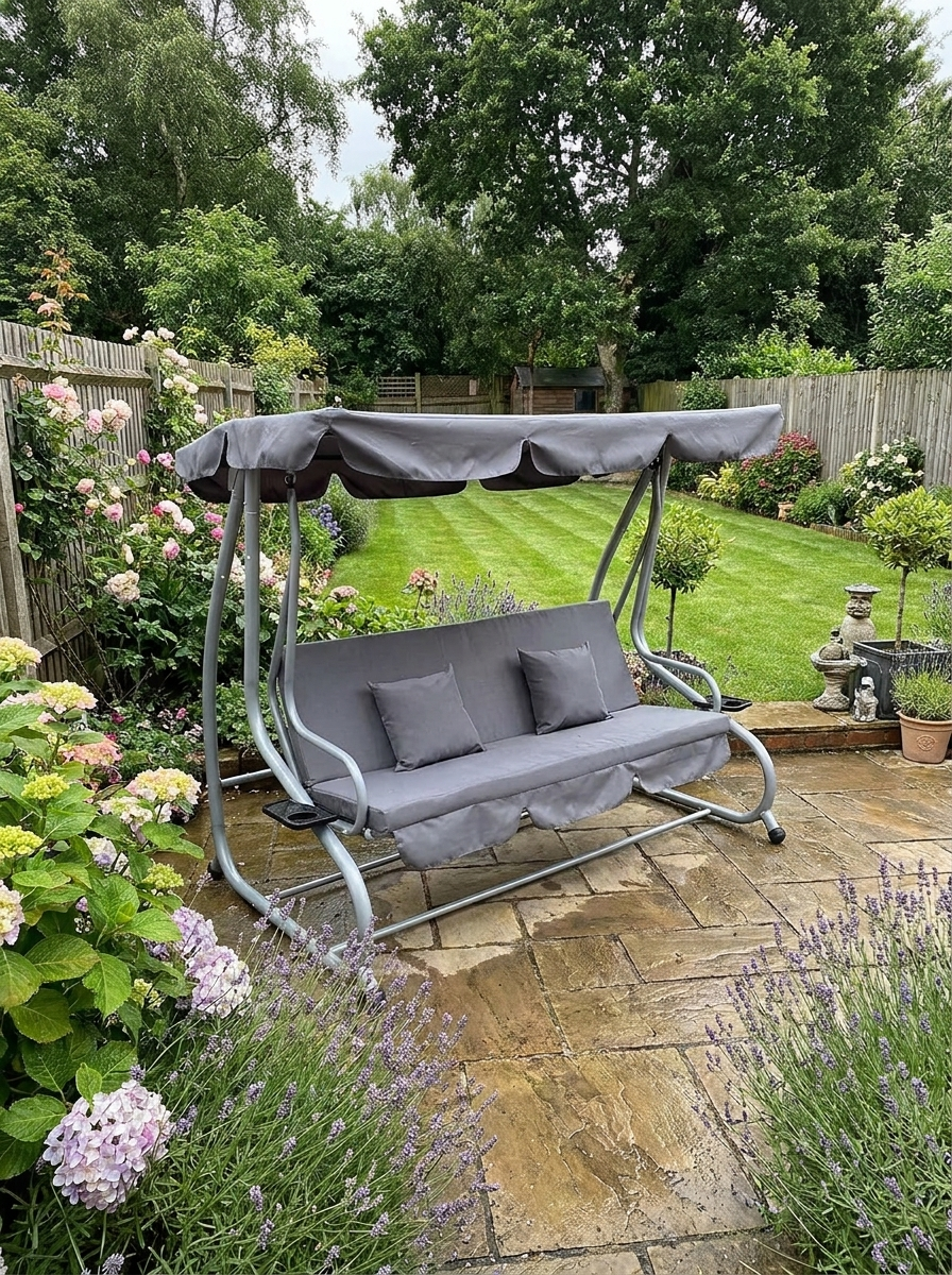 Grey 3 Seater Convertible Garden Swing Bed with Canopy and Cushions