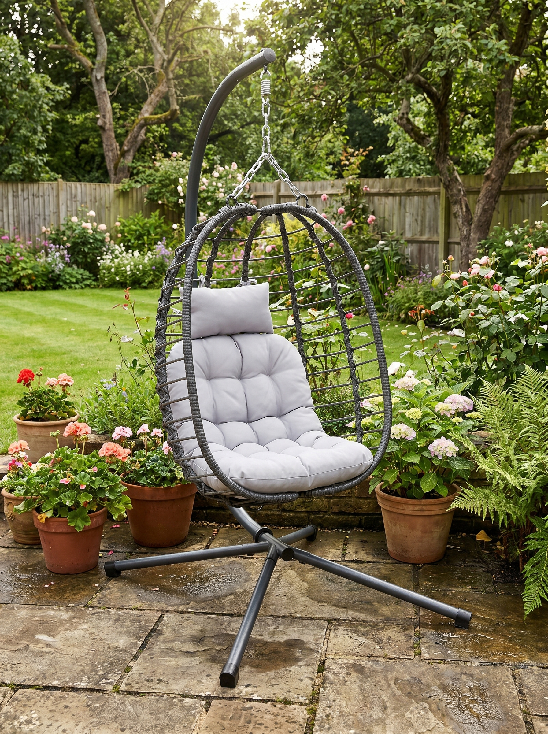 Light Grey Rattan Hanging Egg Chair with Cushion, Adjustable Height, Steel Frame for Indoor Outdoor