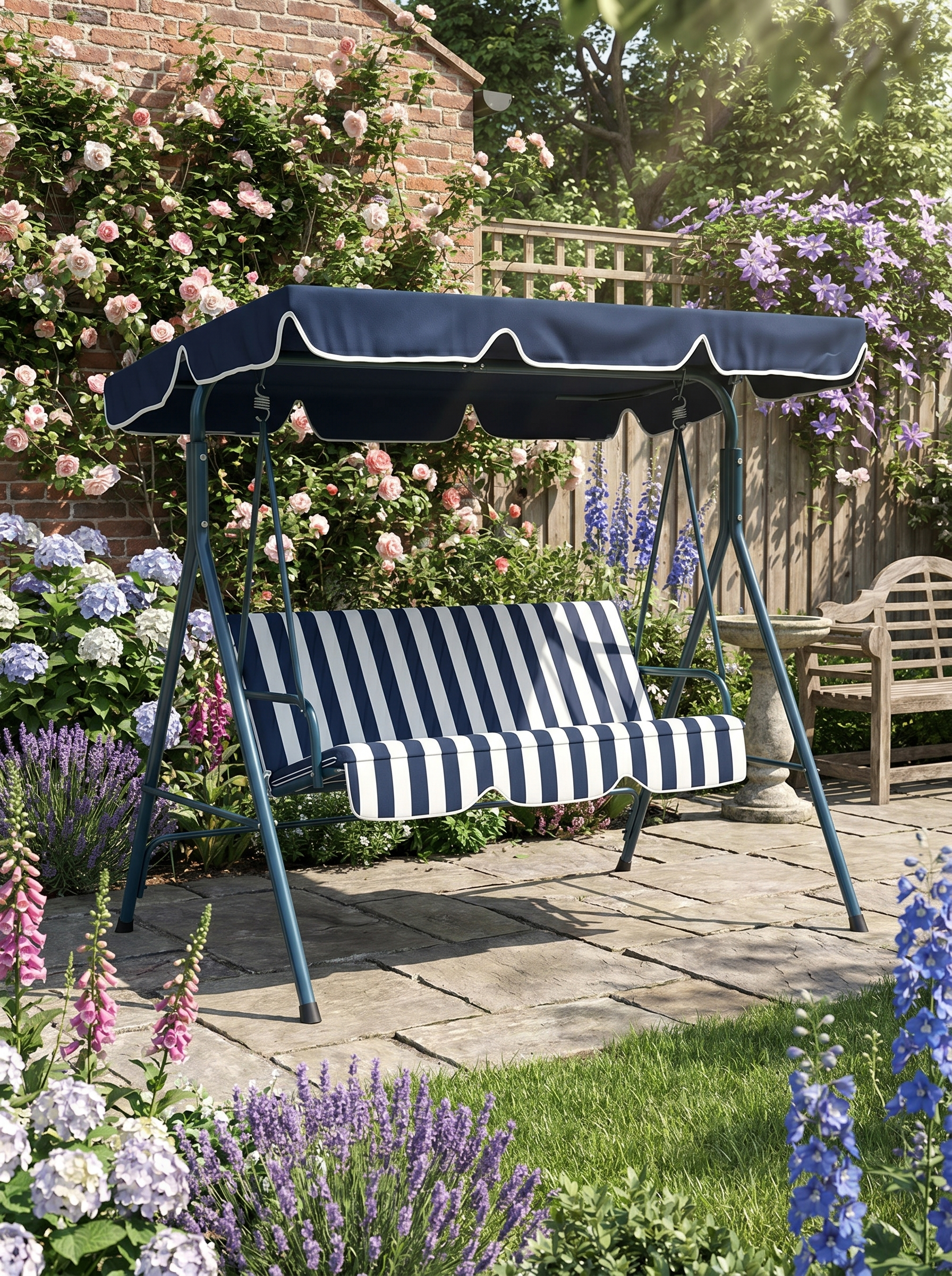 Blue Striped 3-Seater Garden Swing Chair with Adjustable Canopy