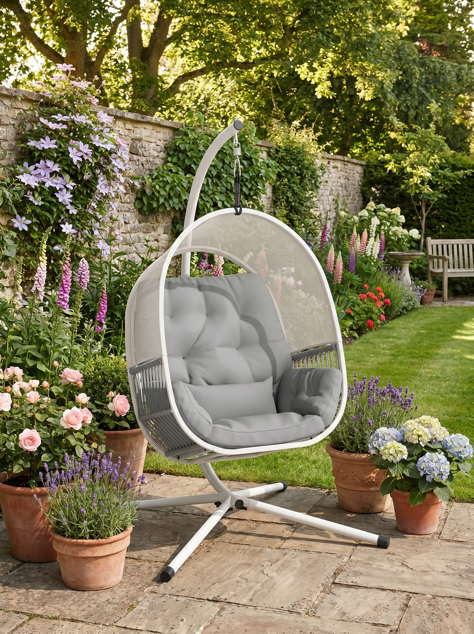 Light Grey Hanging Egg Chair with Stand, Cushions & Adjustable Height for Indoor Outdoor Use