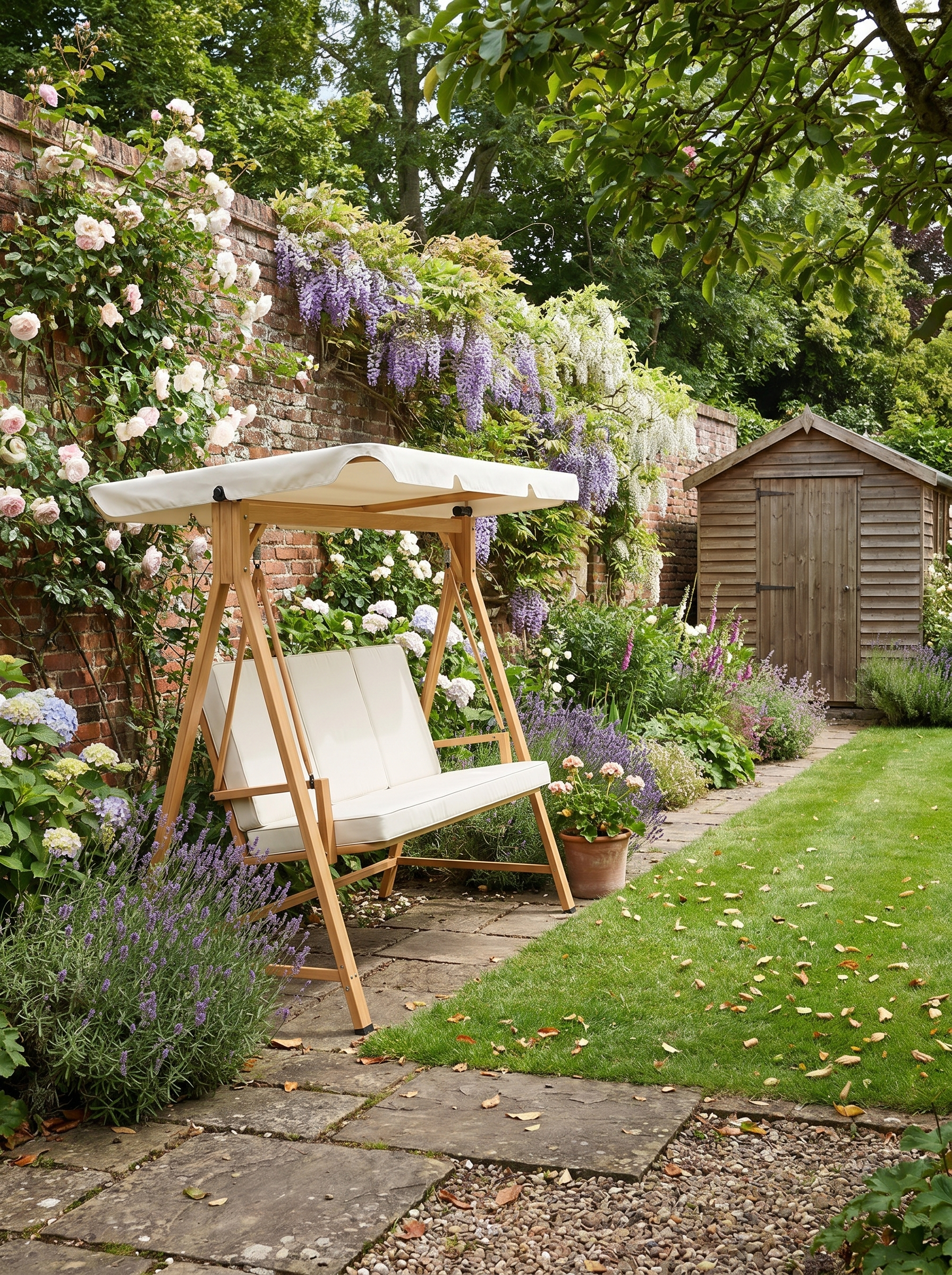 Beige Three-Seater Garden Swing Bench with Adjustable Canopy for Outdoor Relaxation
