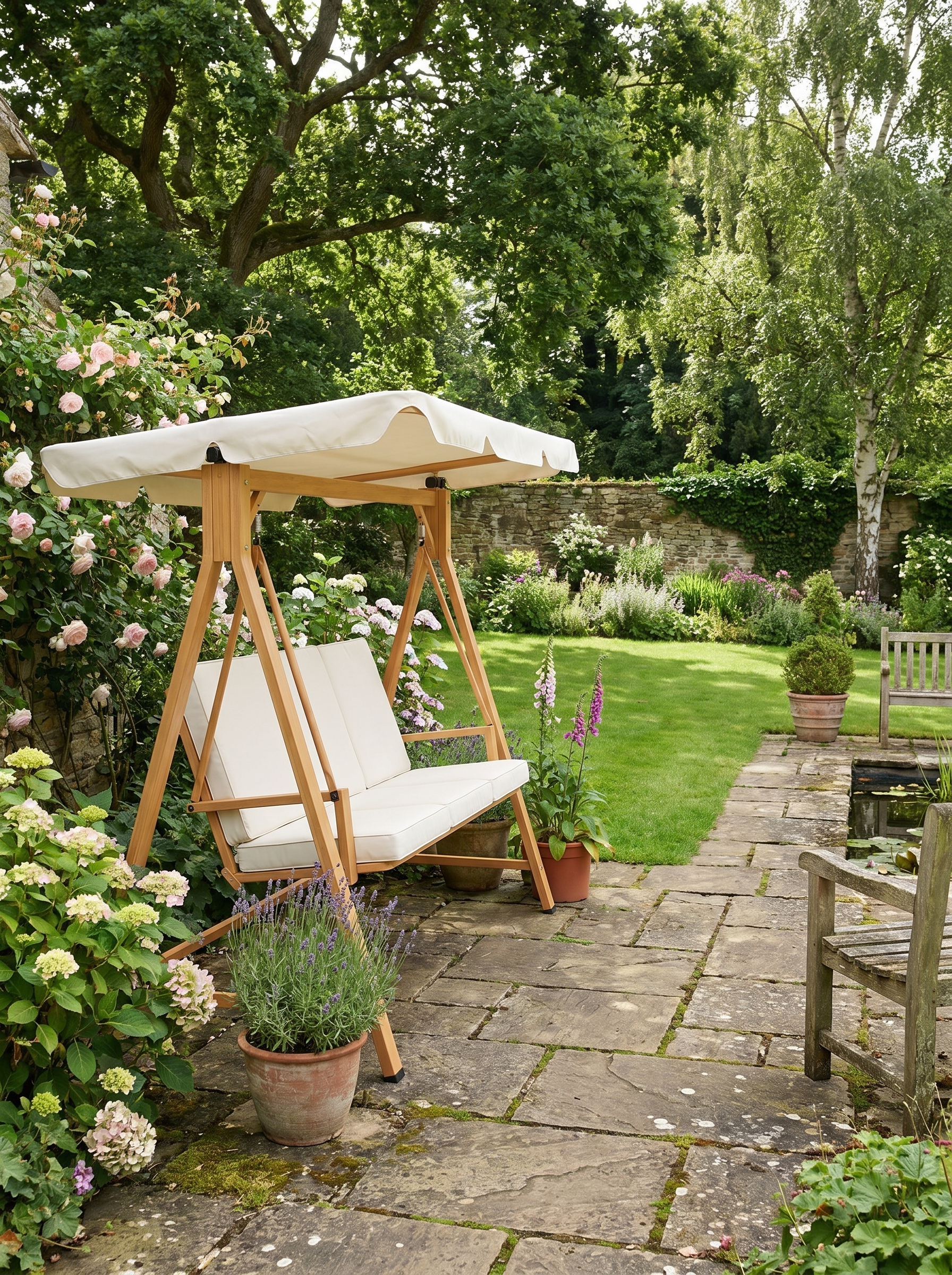 Beige Three-Seater Garden Swing Bench with Adjustable Canopy for Outdoor Relaxation