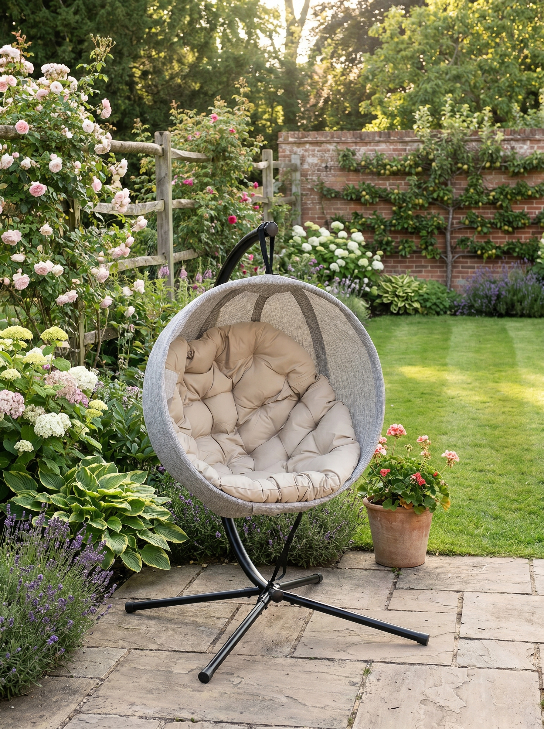 Hanging Egg Chair - Khaki Outdoor Indoor Garden Swing Chair with Stand, Thickened Cushion & Cup Holder - Folding Basket Design