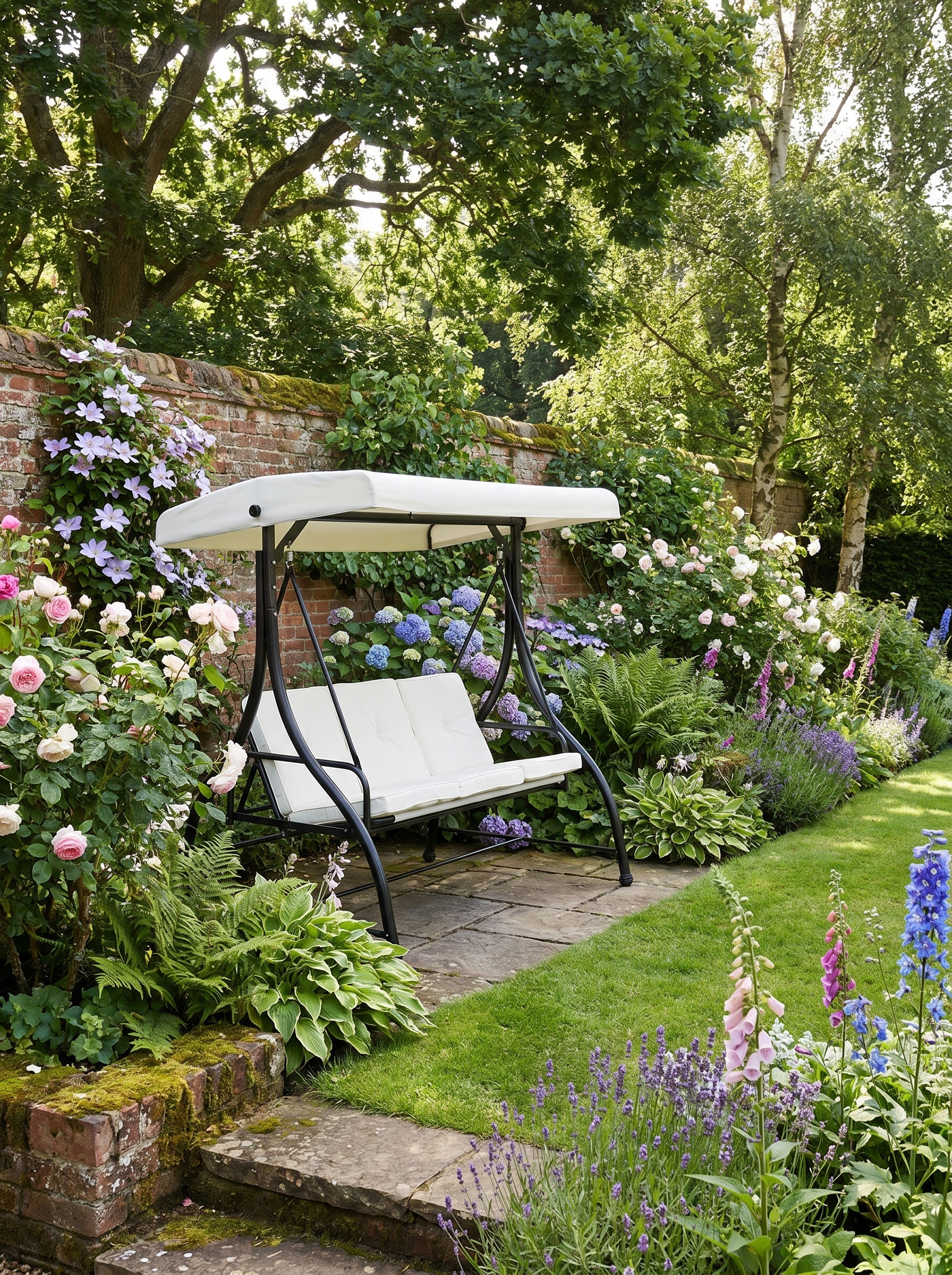 3 Seater Cream White Canopy Swing Chair - 2 in 1 Garden Swing Seat Bed with Adjustable Canopy and Metal Frame