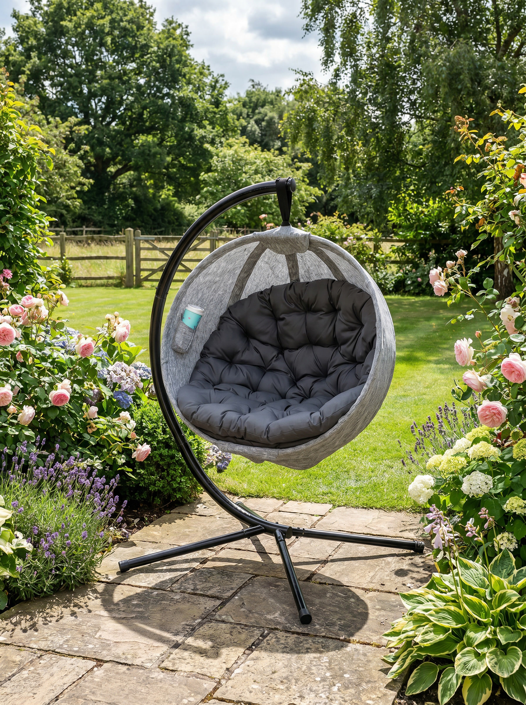 Hanging Egg Chair - Grey Outdoor Indoor Garden Swing Chair with Folding Basket, Stand, Thickened Cushion & Cup Holder - Perfect for Patio & Balcony