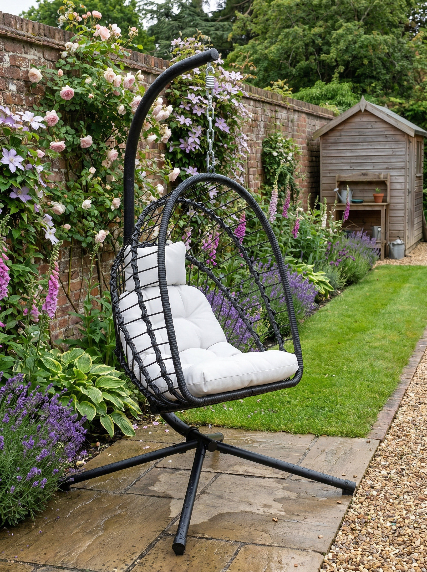 Black Outdoor PE Rattan Swing Chair with Cushion - Foldable Garden Hanging Egg Chair with Metal Stand and Headrest for Indoor and Outdoor Use