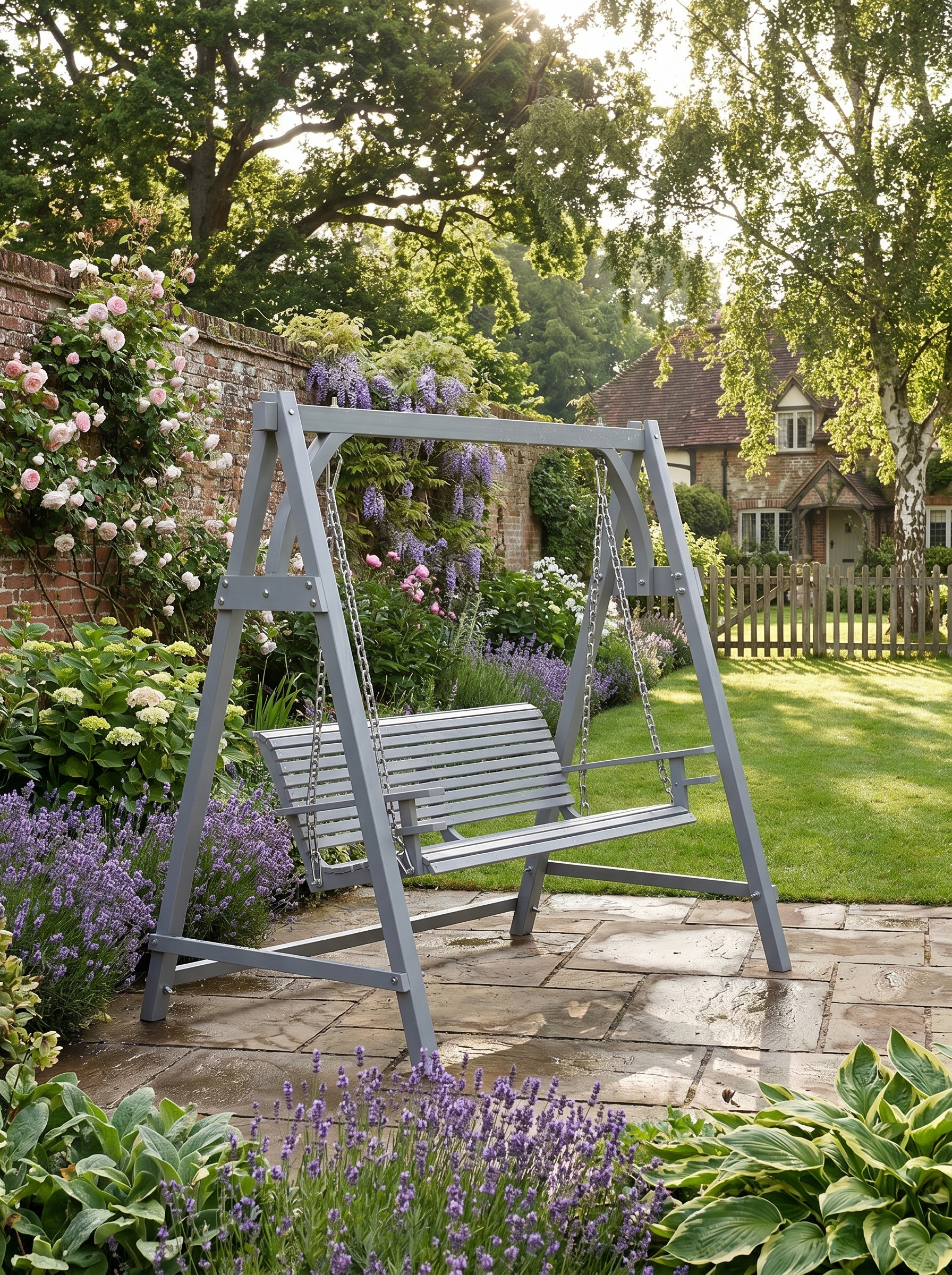 2 Seater Garden Swing Seat - Grey Larch Wood Hammock Bench Lounger