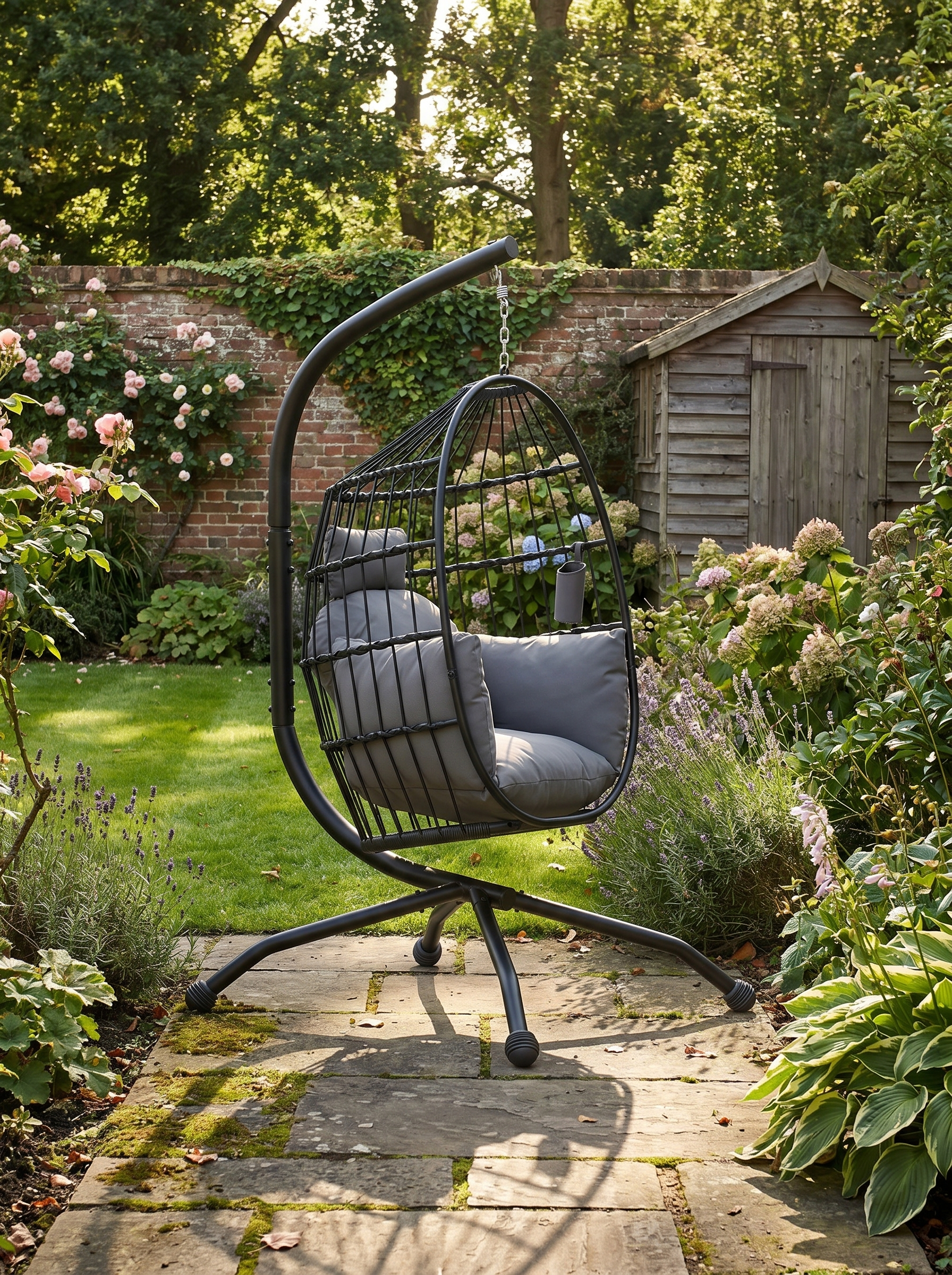 Hanging Egg Chair - Dark Grey - Outdoor Indoor Garden Swing Chair with Folding Basket, Thickened Cushion, Stand, Headrest & Cup Holder - Perfect for Patio & Balcony