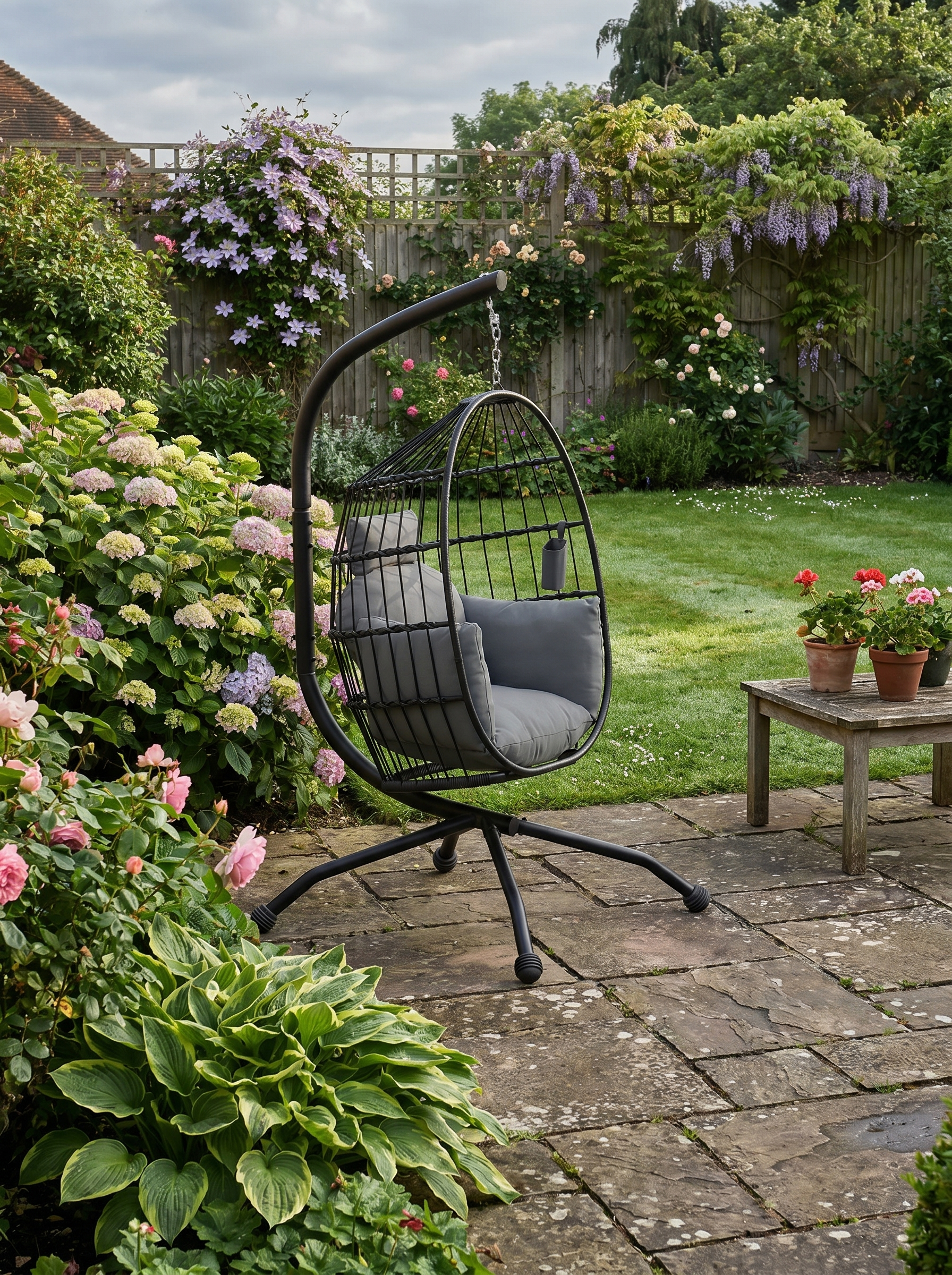 Hanging Egg Chair - Dark Grey - Outdoor Indoor Garden Swing Chair with Folding Basket, Thickened Cushion, Stand, Headrest & Cup Holder - Perfect for Patio & Balcony