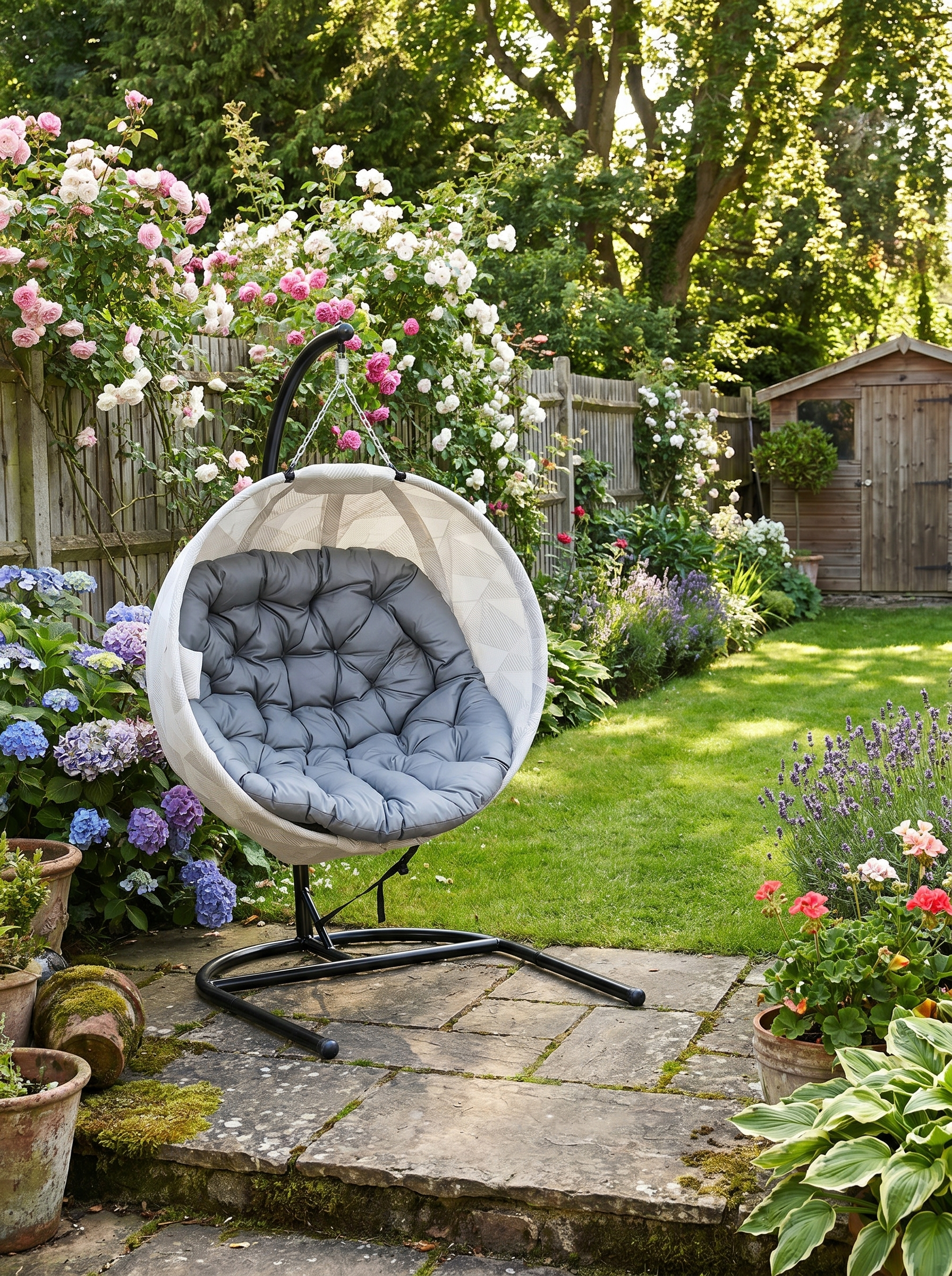 Hanging Egg Chair - Grey Outdoor Indoor Garden Swing Chair with Folding Basket, Stand, Thickened Cushion & Cup Holder - Perfect for Patio & Balcony