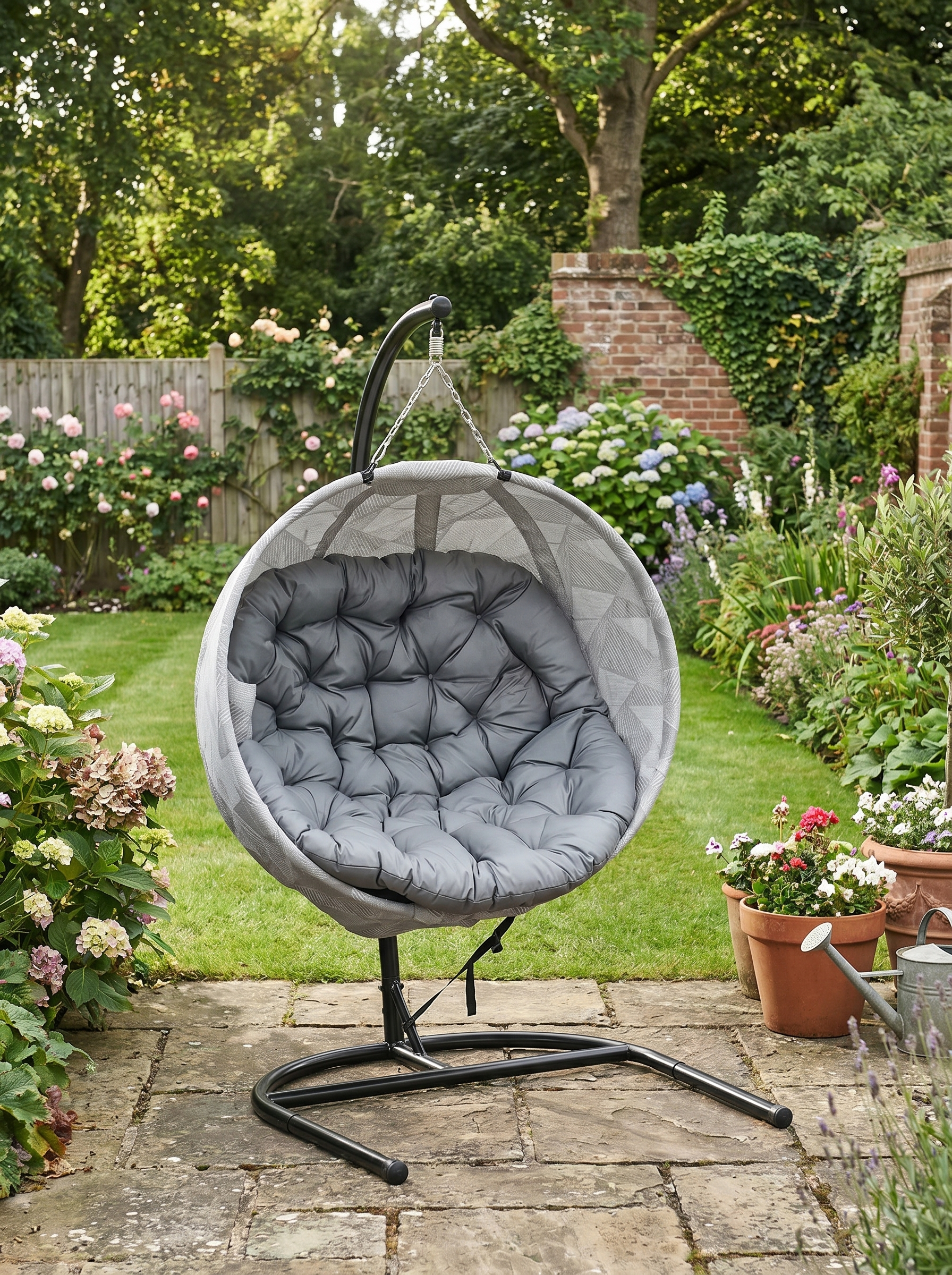 Hanging Egg Chair - Grey Outdoor Indoor Garden Swing Chair with Folding Basket, Stand, Thickened Cushion & Cup Holder - Perfect for Patio & Balcony