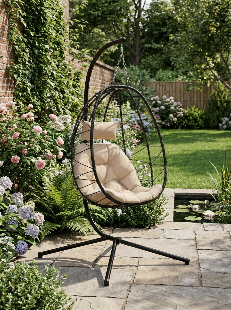 Hanging Egg Chair - Outdoor Indoor Garden Swing Chair with Folding Basket, Thickened Cushion, Headrest - Khaki - Perfect for Patio and Balcony