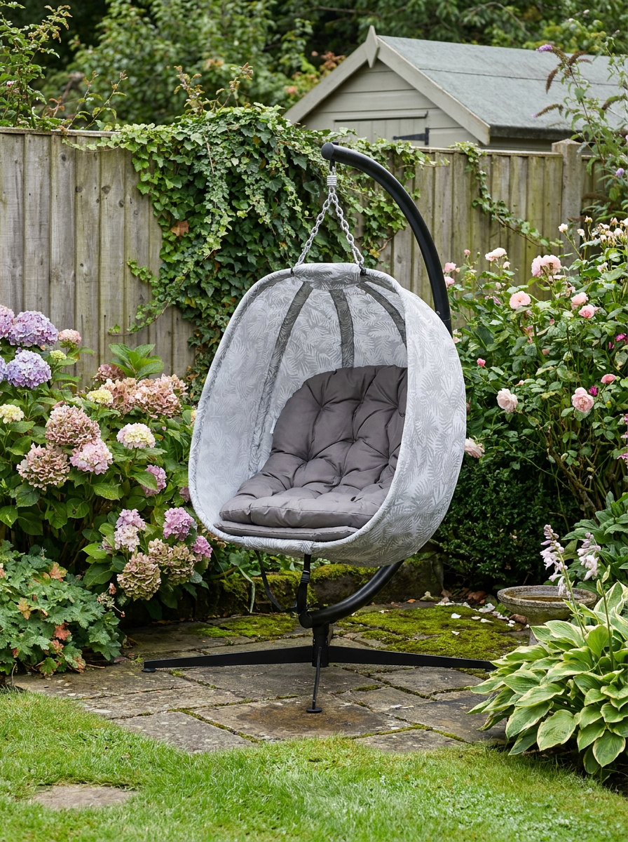 Hanging Egg Chair - Outdoor Indoor Garden Swing Chair with Folding Basket, Thickened Cushion, Cup Holder - Sand Brown
