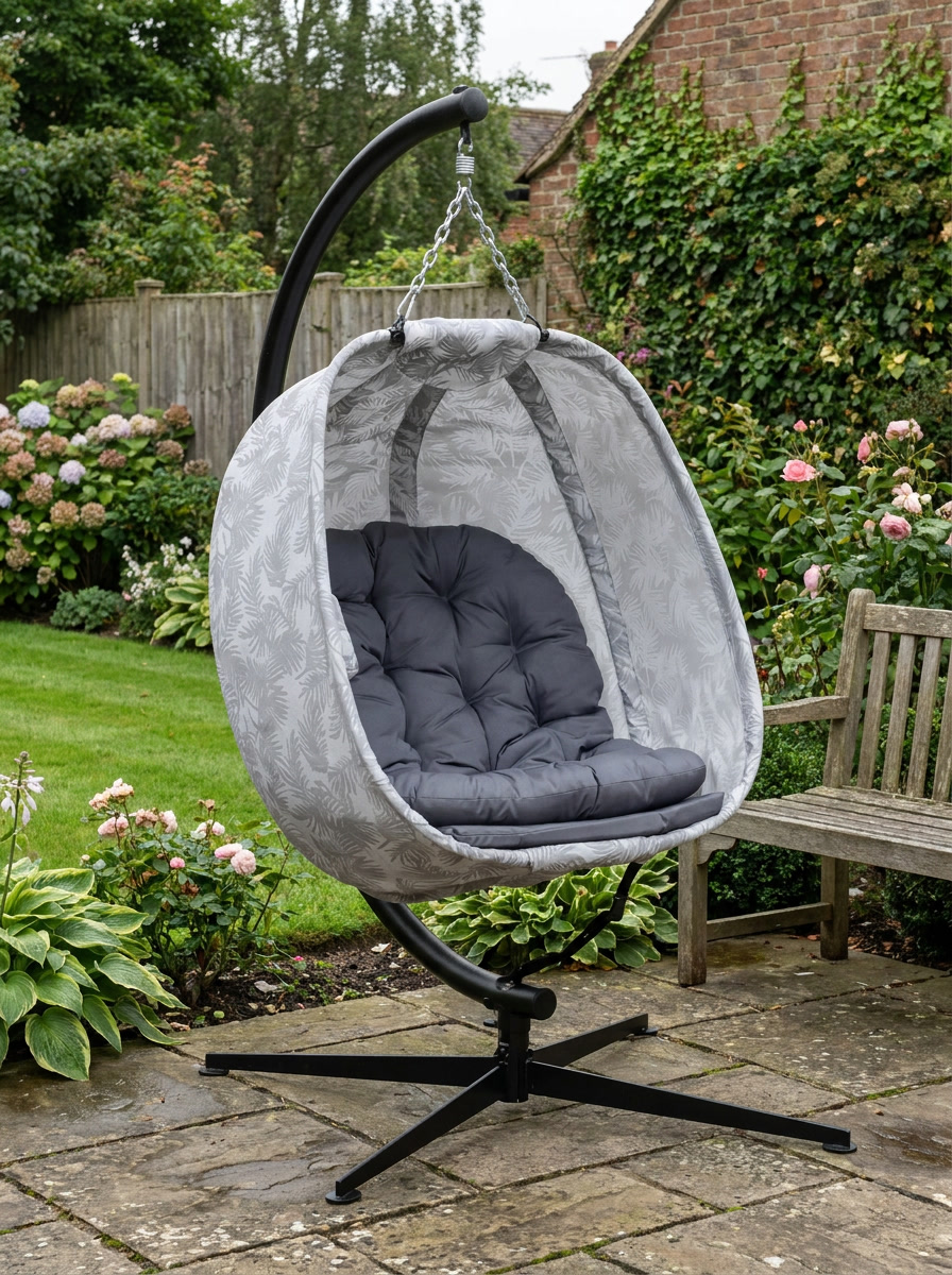 Hanging Egg Chair - Grey Outdoor Indoor Garden Swing Chair with Folding Basket, Stand, Thickened Cushion & Cup Holder