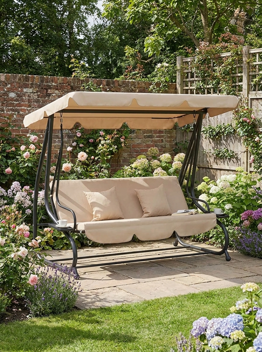 Light Brown Three-Person Garden Swing Chair with Canopy
