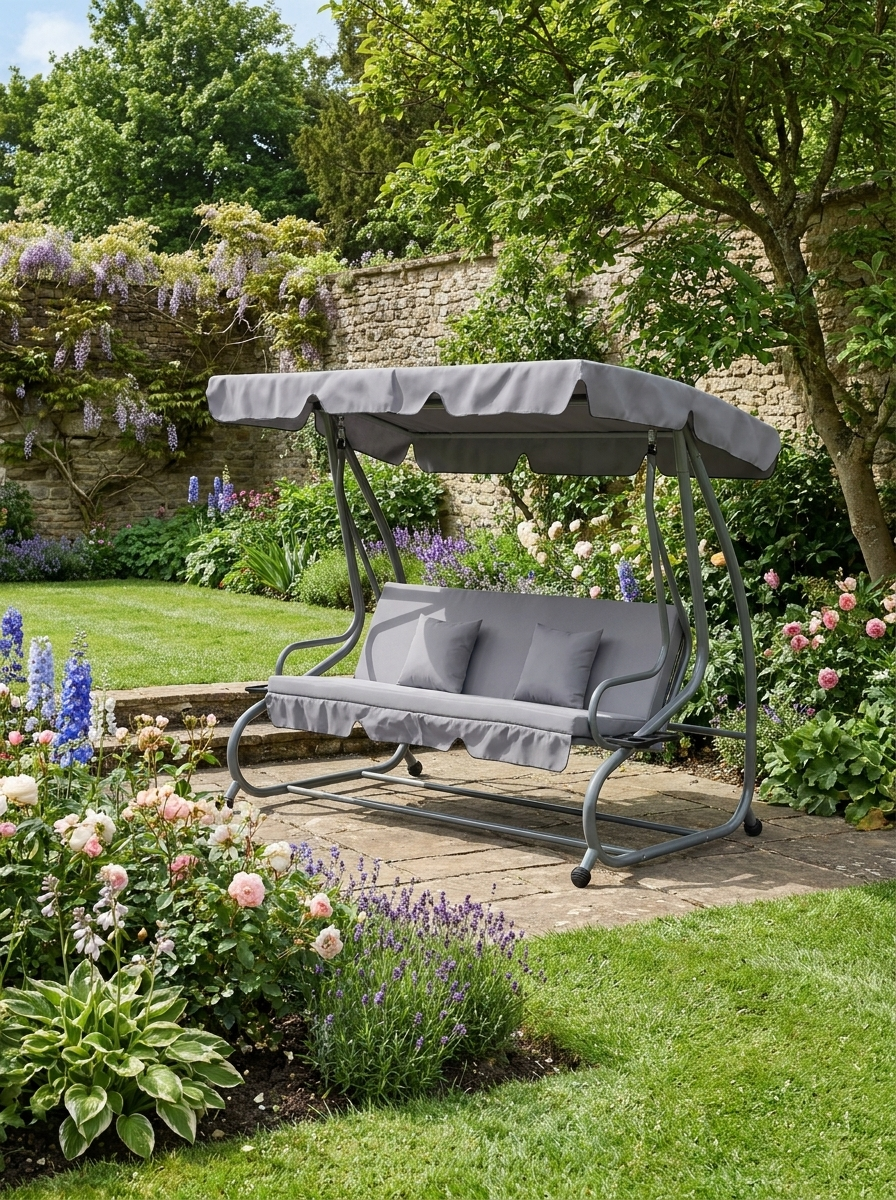 Three-Person Garden Swing Chair with Adjustable Canopy - Light Grey - Outdoor Patio Seating
